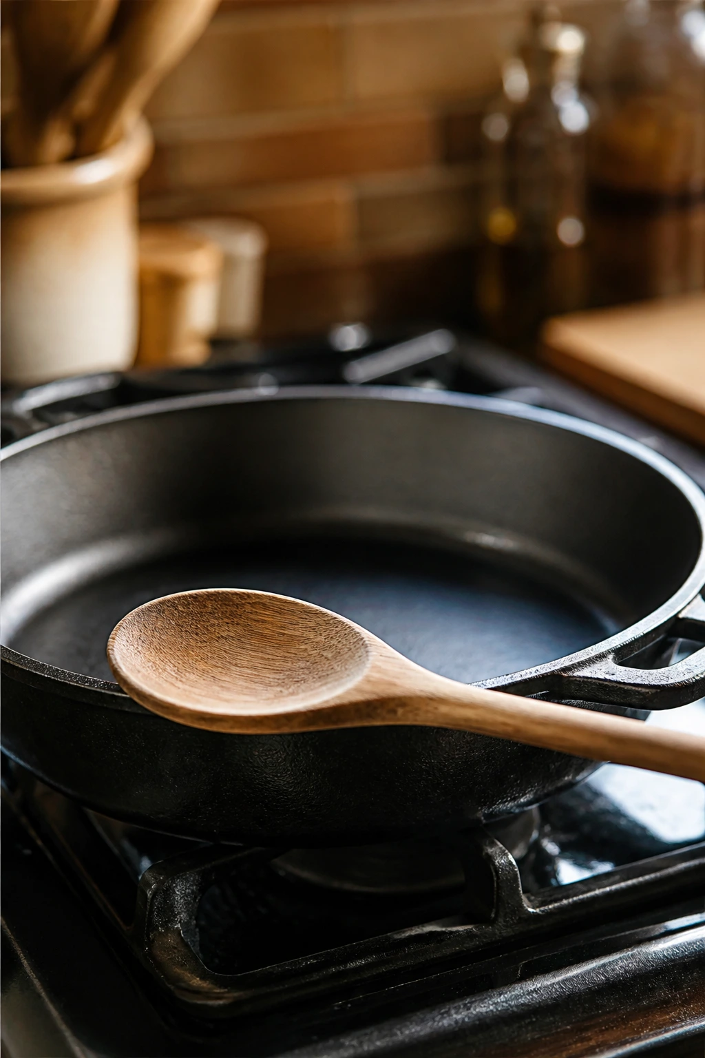 Close-up of skillet and wooden spoon in a kitchen