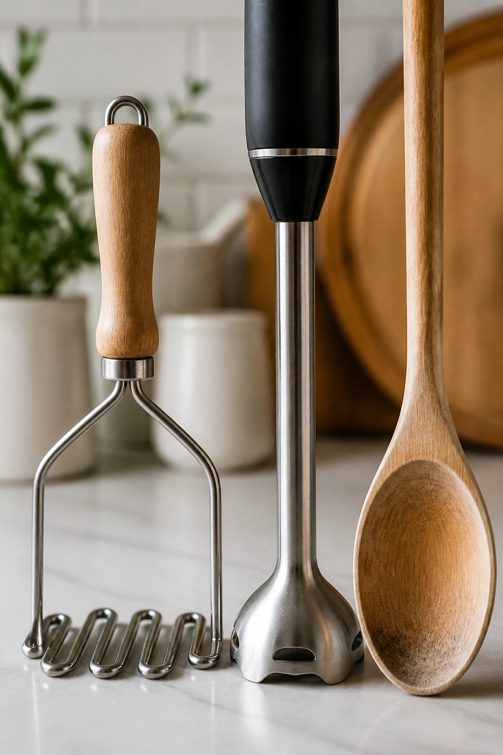 Close-up of soup-making tools lined up on a counter