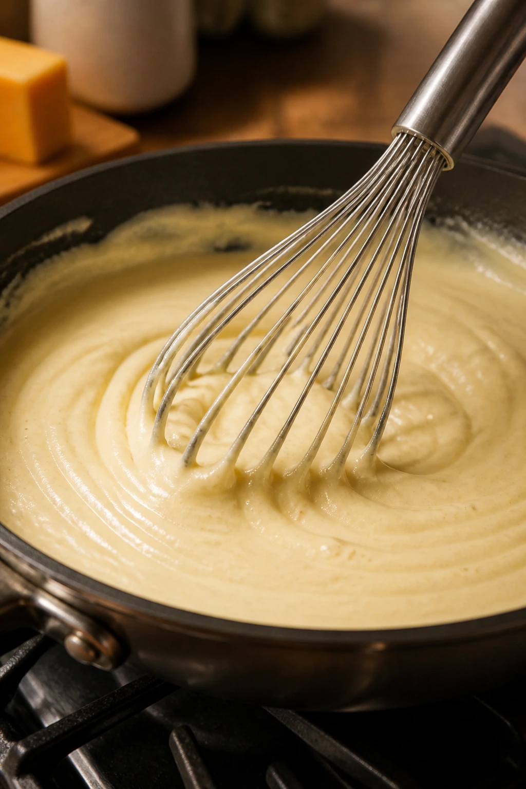 Whisk whisking a smooth cheesy sauce in a wide pan