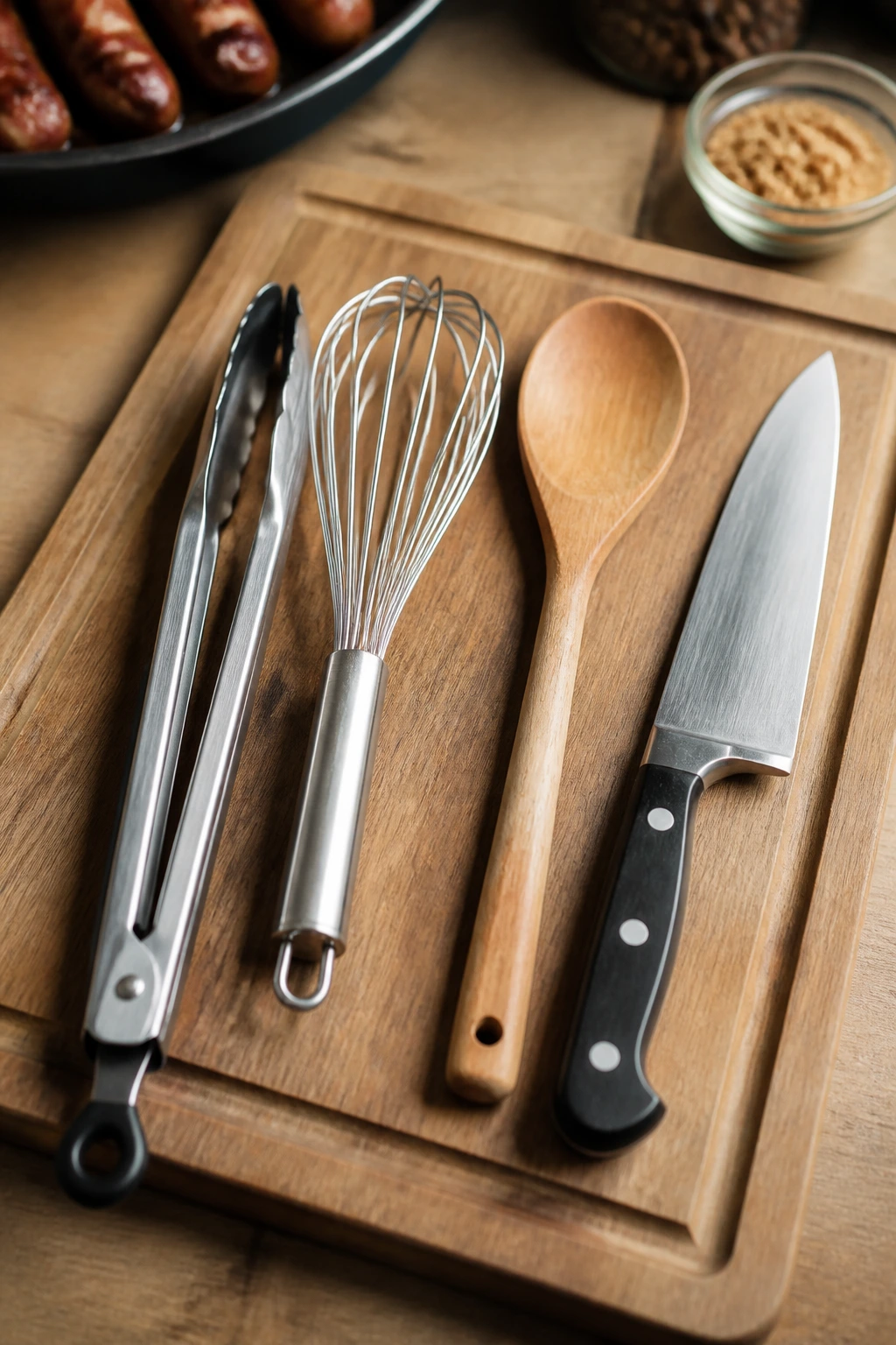 Top-down view of glaze-making tools arranged on cutting board.
