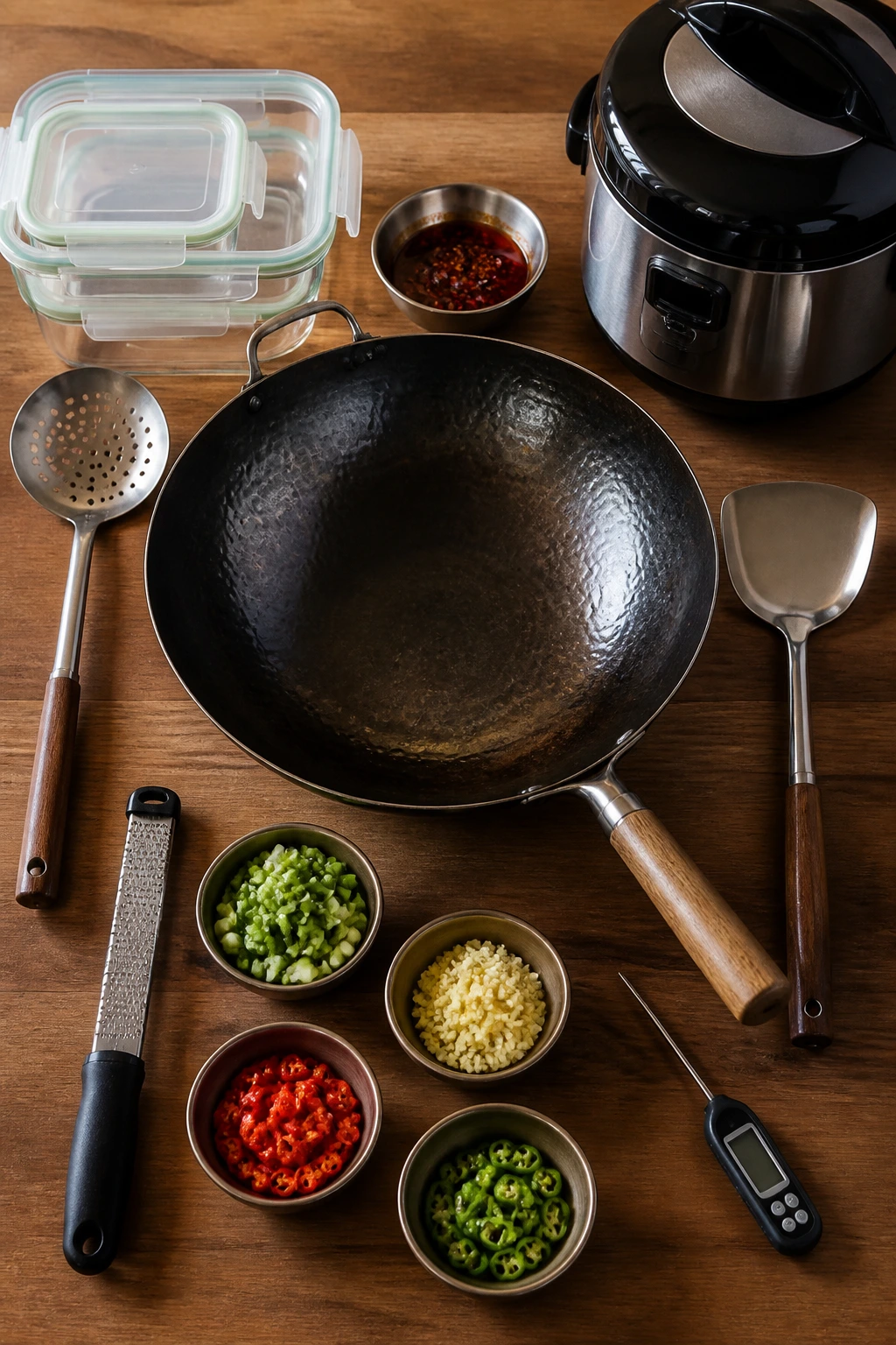 Top-down view of essential spicy cooking tools arranged neatly