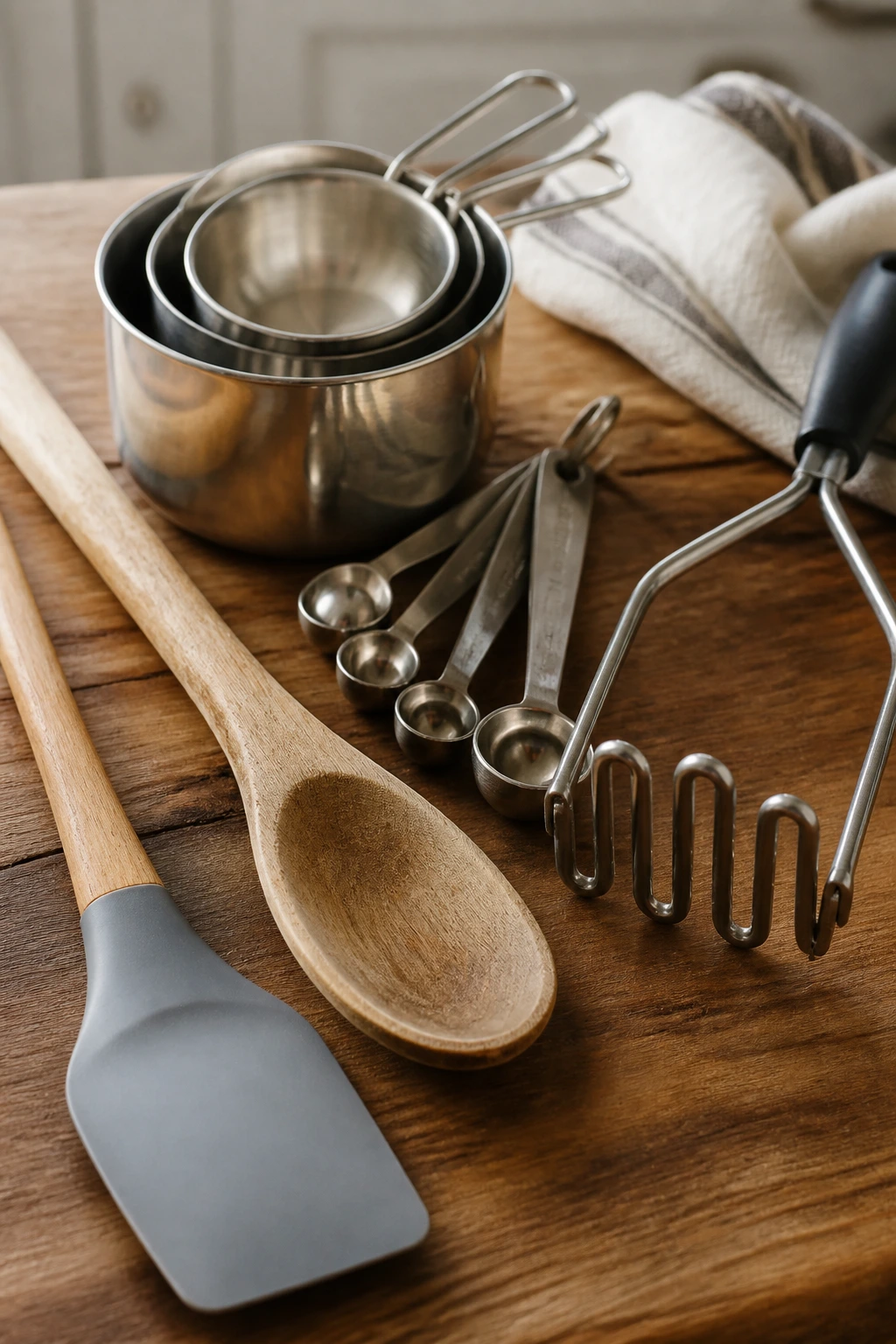 Assorted kitchen tools arranged on wooden surface
