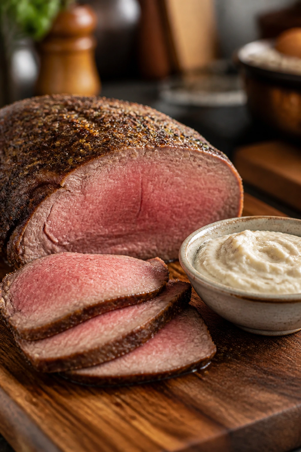 Beef top sirloin slices with horseradish sauce on board