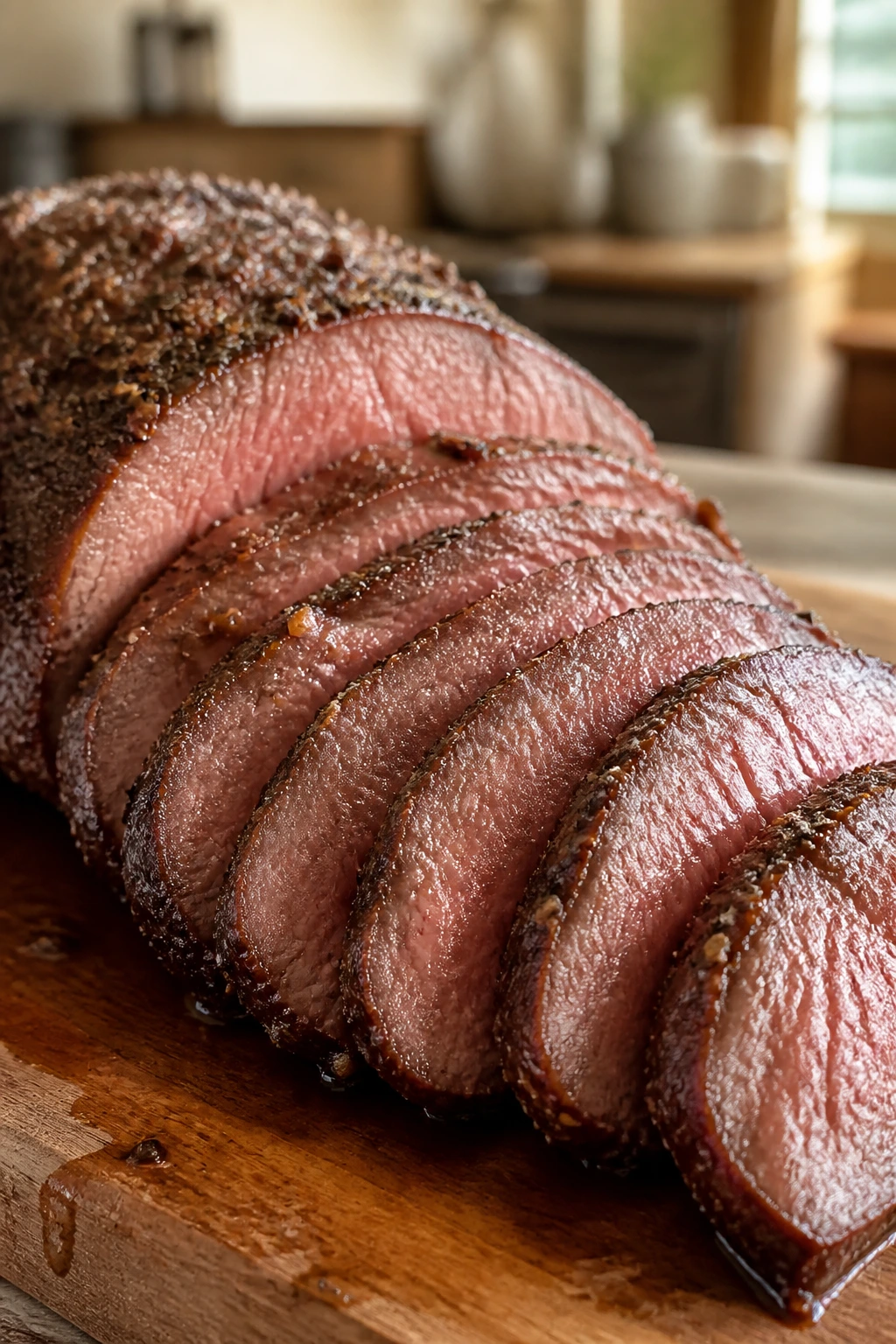 Evenly sliced top sirloin roast on wooden board