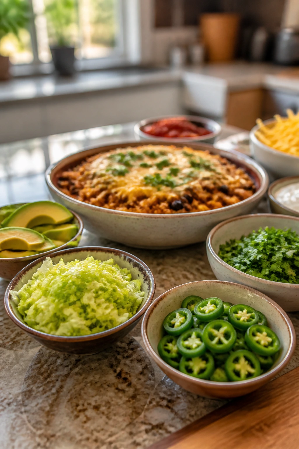 Toppings bowls and a central dish on a kitchen counter ready for flavor boosts