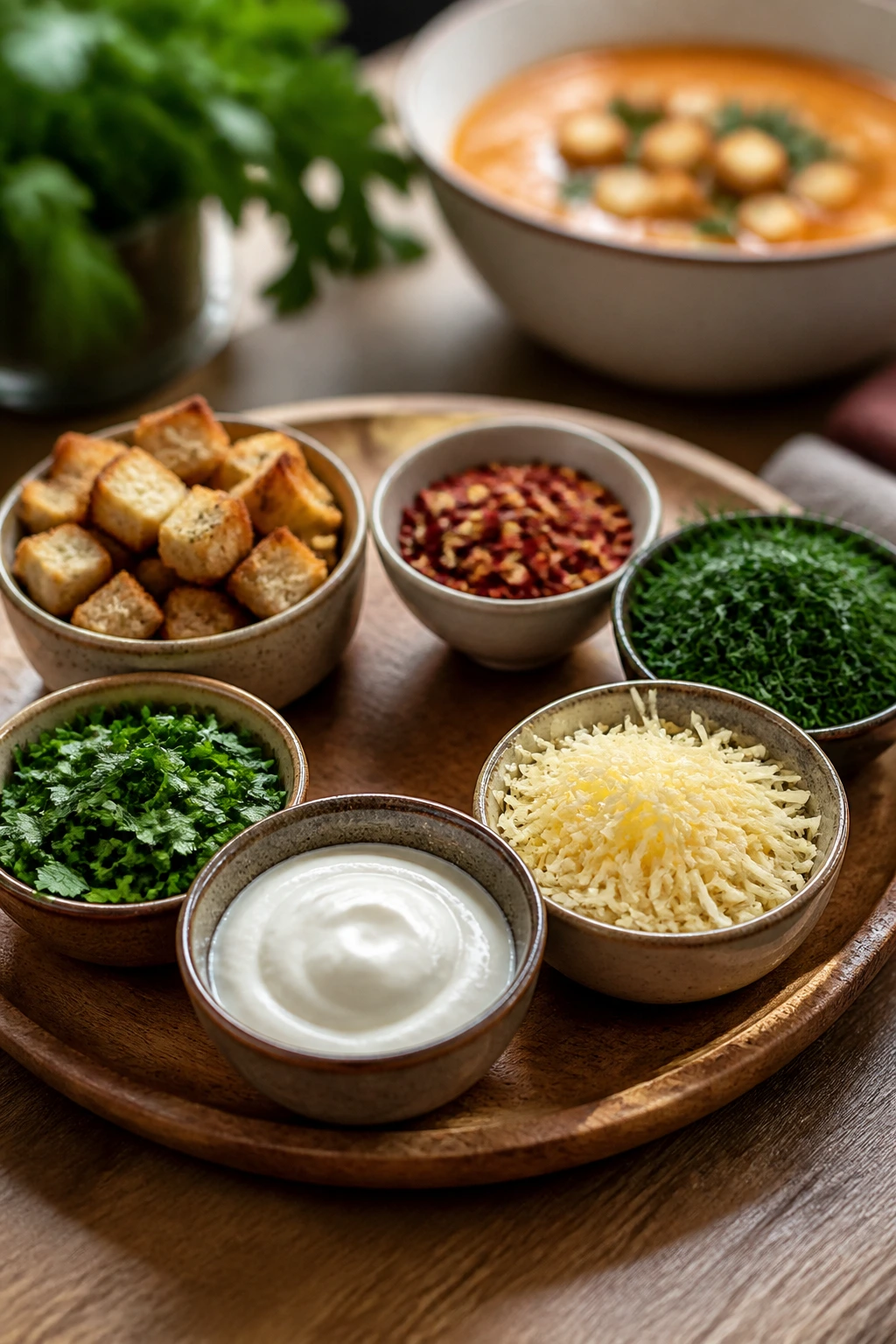 Close up of a topping tray with croutons, herbs, and cheese for soup additions