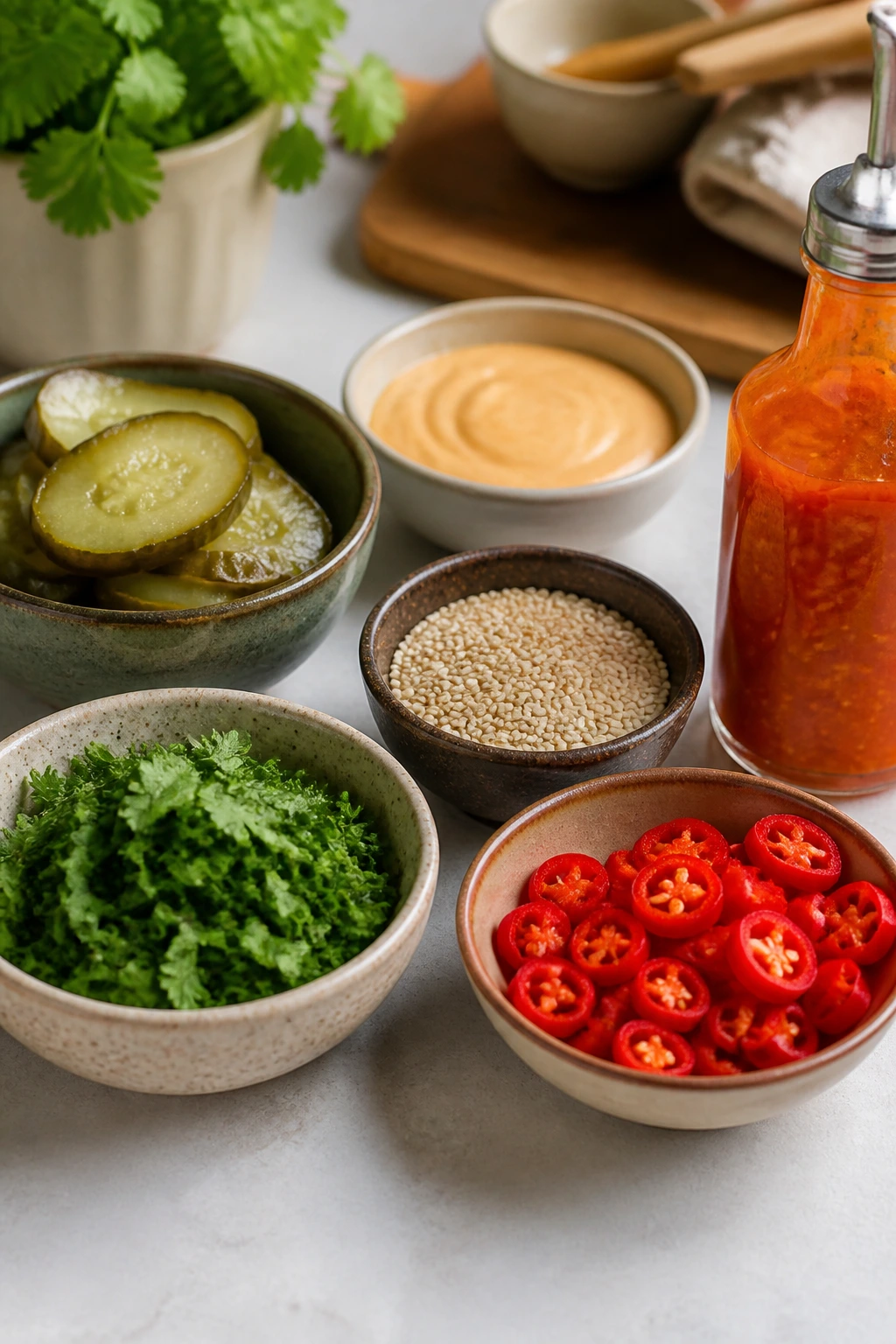 Toppings station with herbs, pickles, chilies, seeds and sauces