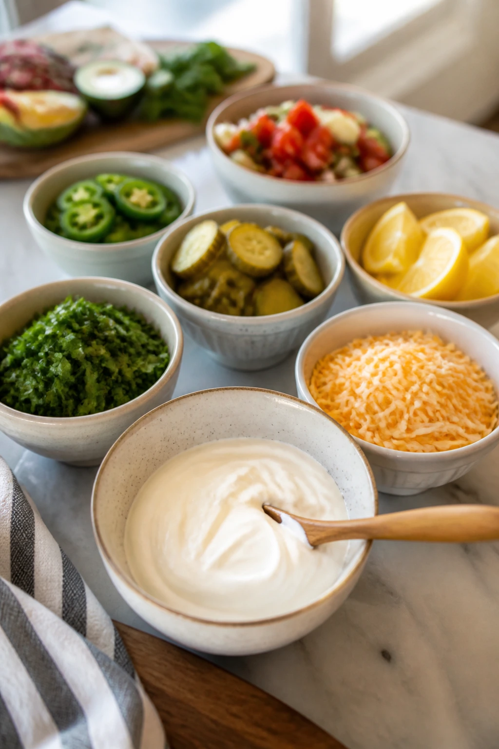 Topping station with herbs, jalapeños, and sour cream in a bright kitchen