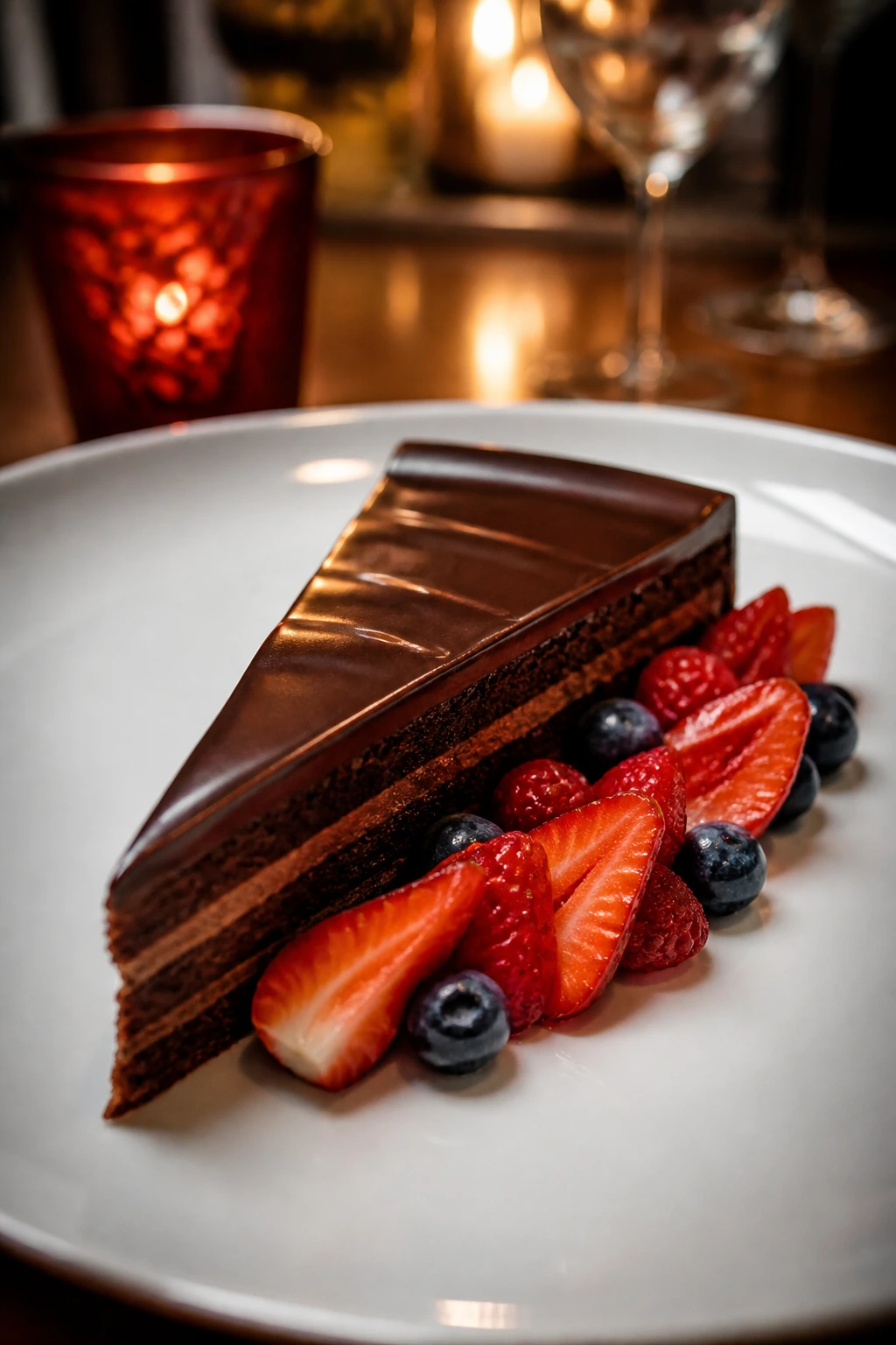 Close-up of a razor-thin chocolate torte slice with berry fan on a white plate, candlelit romantic dessert.