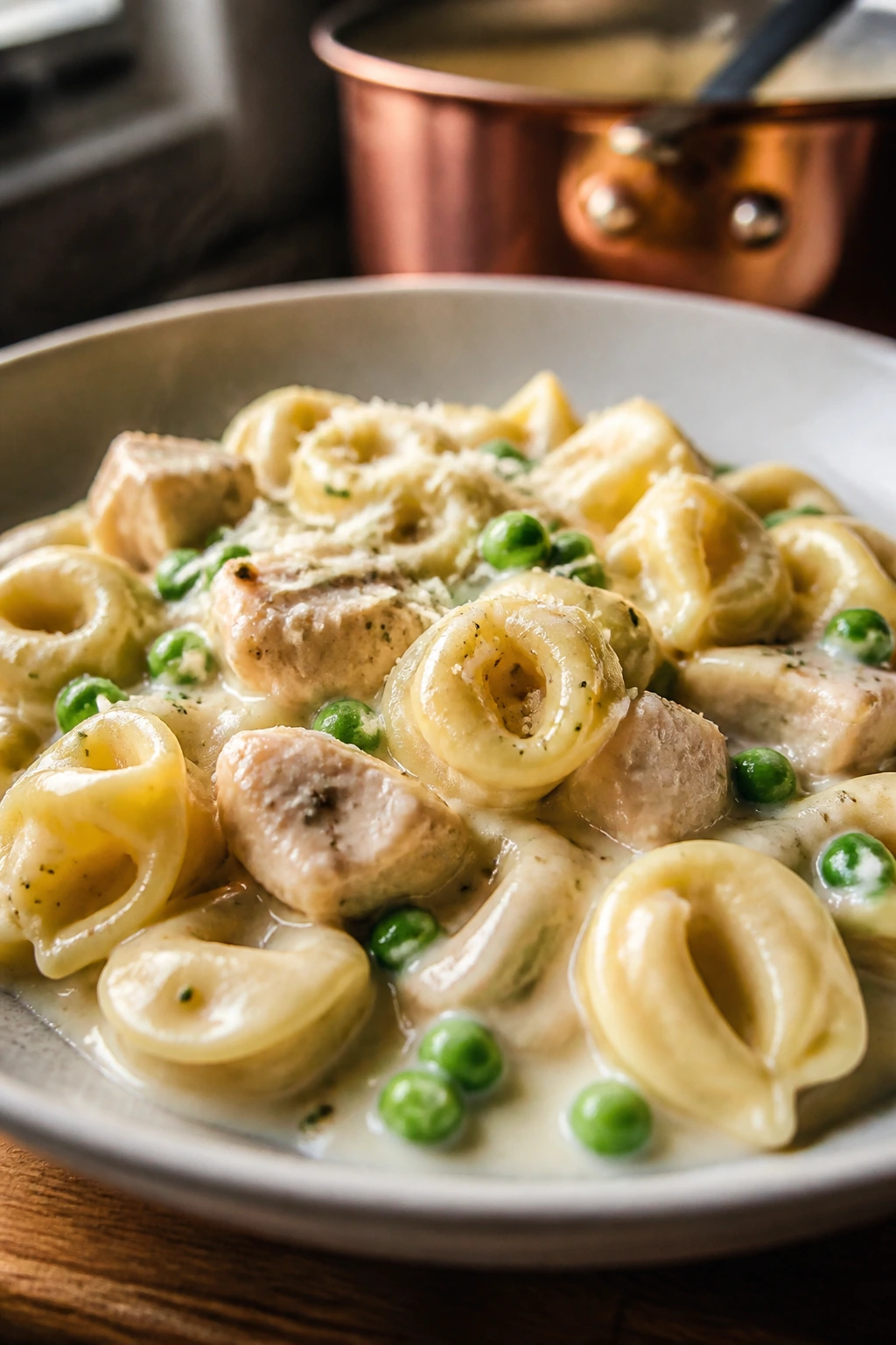 Close-up of Chicken Alfredo Tortellini in creamy sauce on a plate in a cozy kitchen