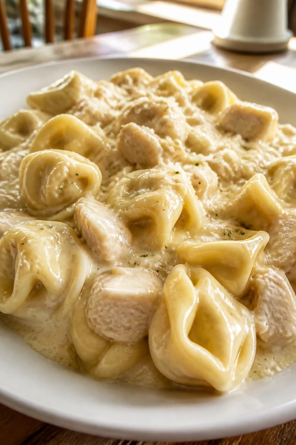 Creamy Chicken Alfredo Tortellini on plate in a cozy kitchen