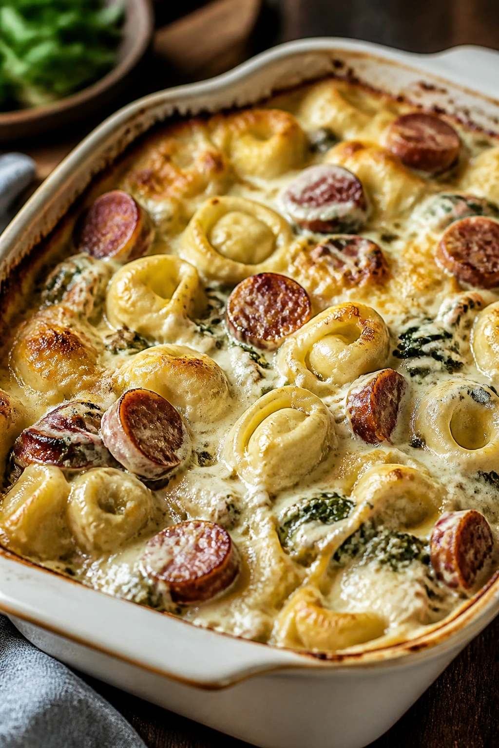 Creamy tortellini Alfredo bake with smoked sausage in a baking dish