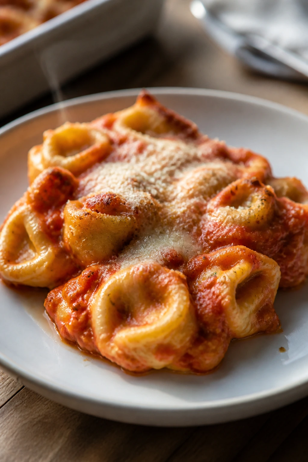 Creamy tomato tortellini bake on plate with melted cheese