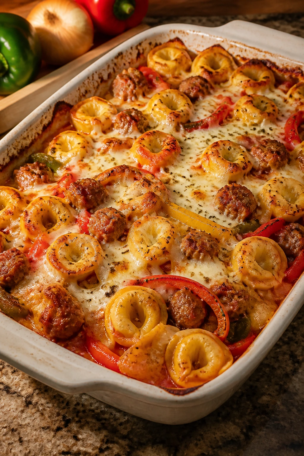 Cheesy baked tortellini casserole with sausage peppers and onions
