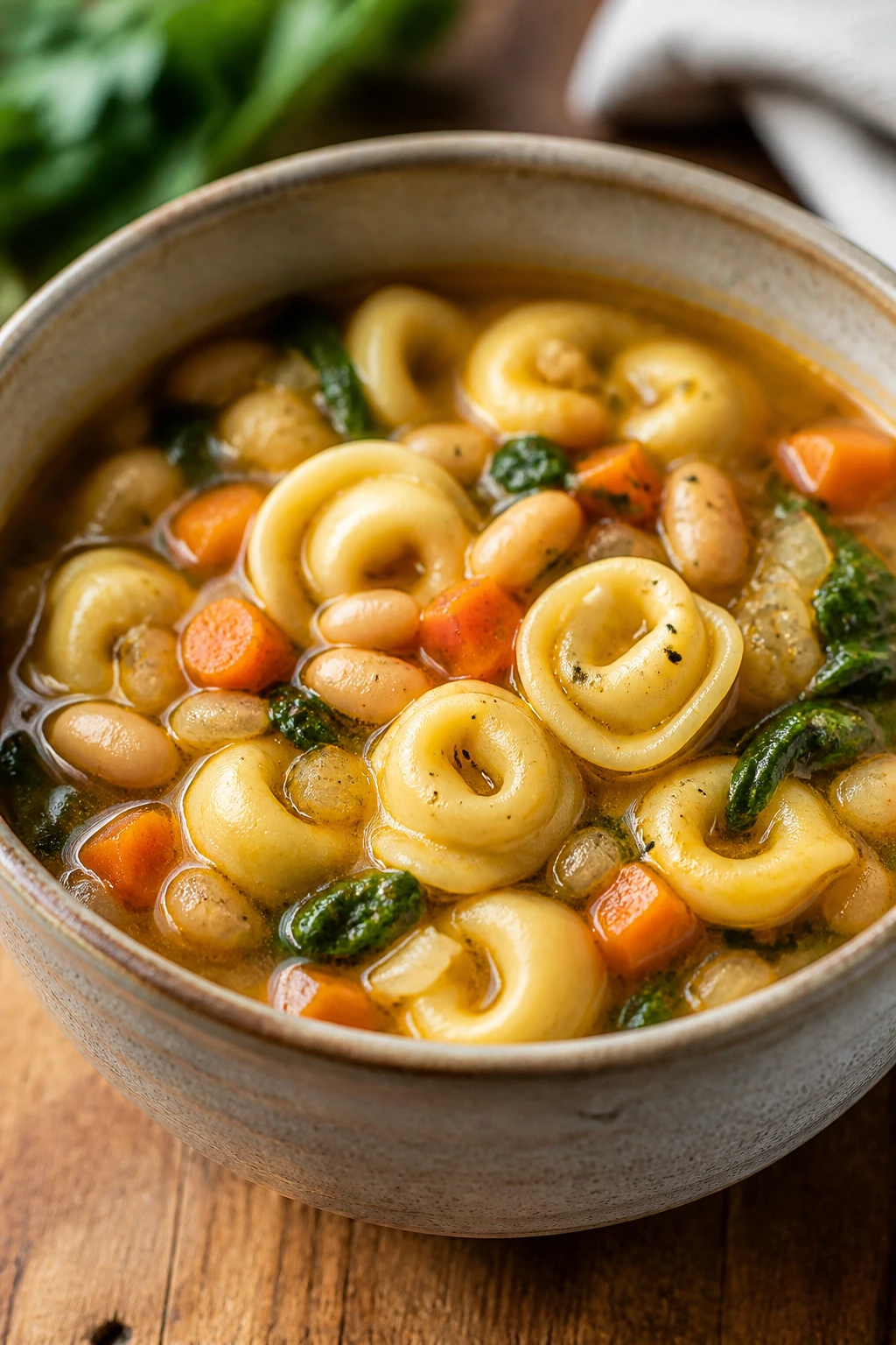 Tortellini soup with beans in a bowl