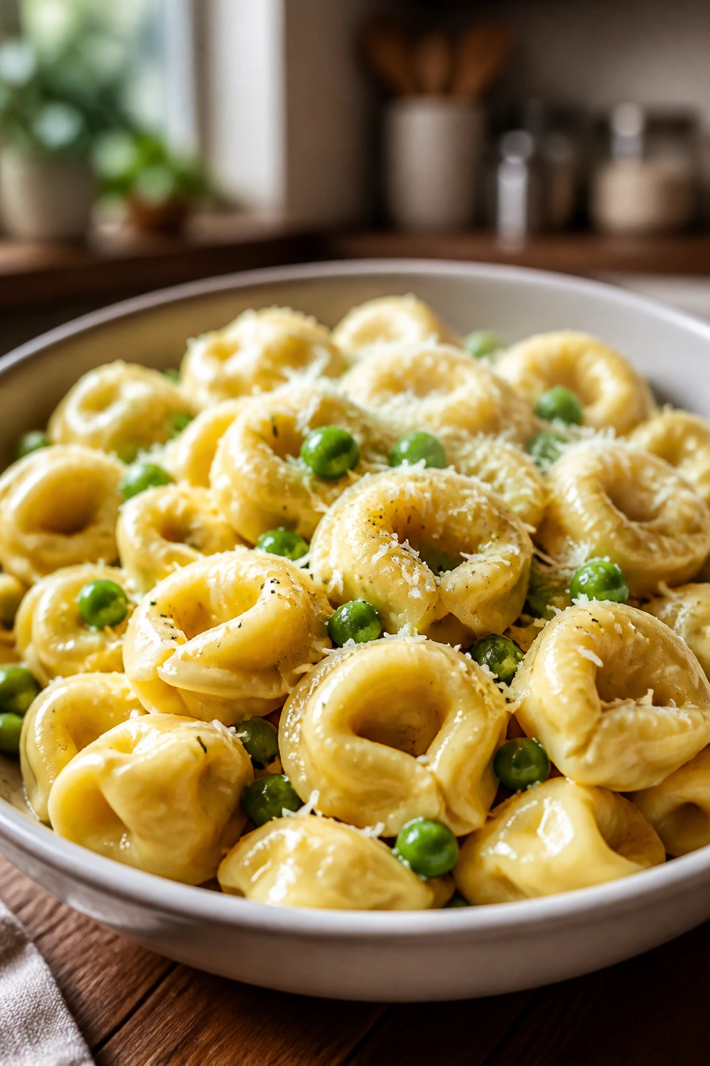 Bowl of tortellini in butter-parmesan sauce with peas