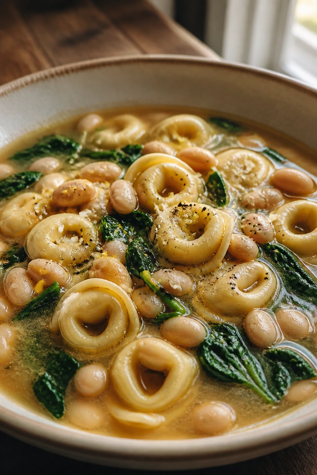 Close-up of tortellini with cannellini beans and broth in a bowl