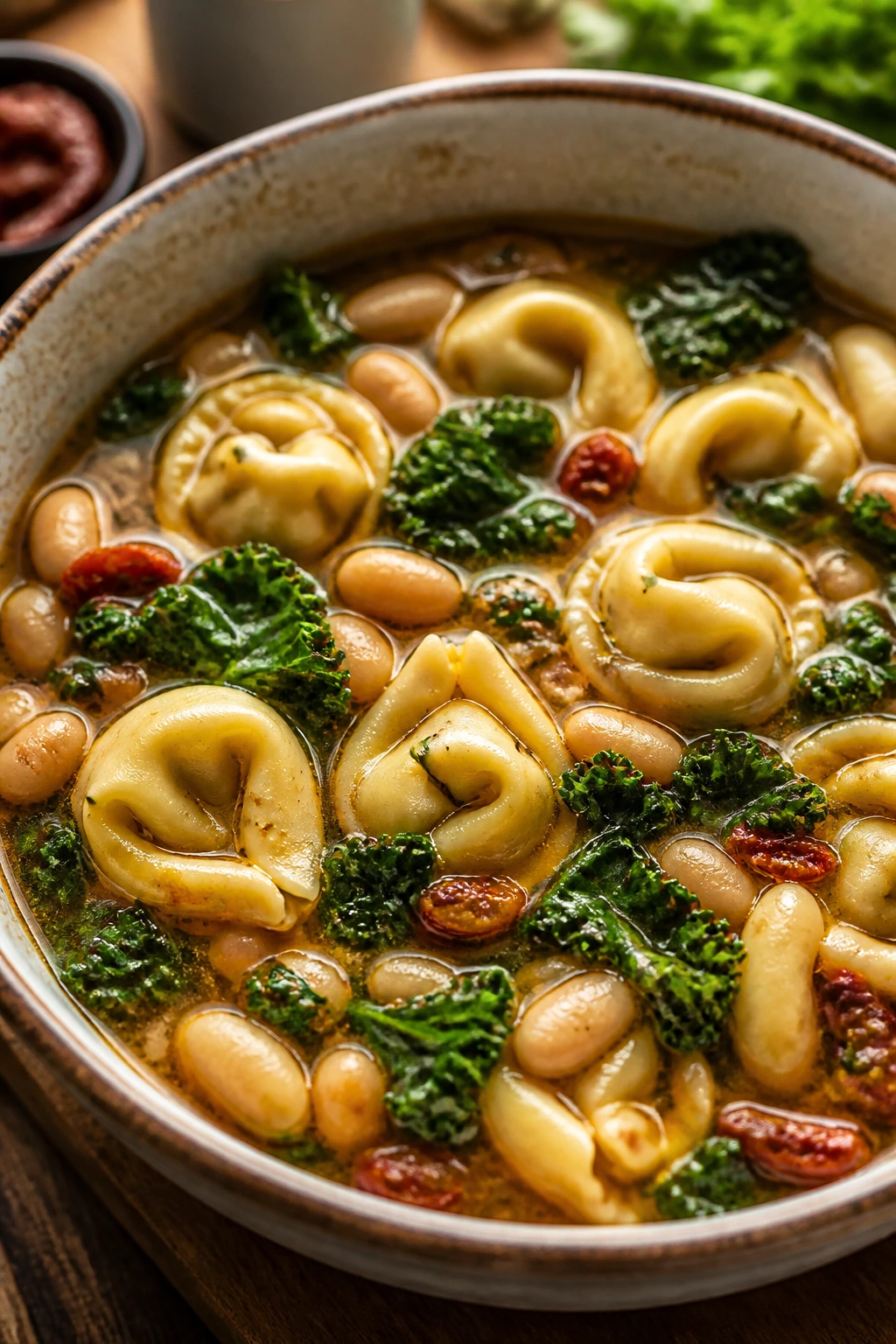 Rustic bowl of Tuscan white bean and kale tortellini in broth with sun-dried tomatoes