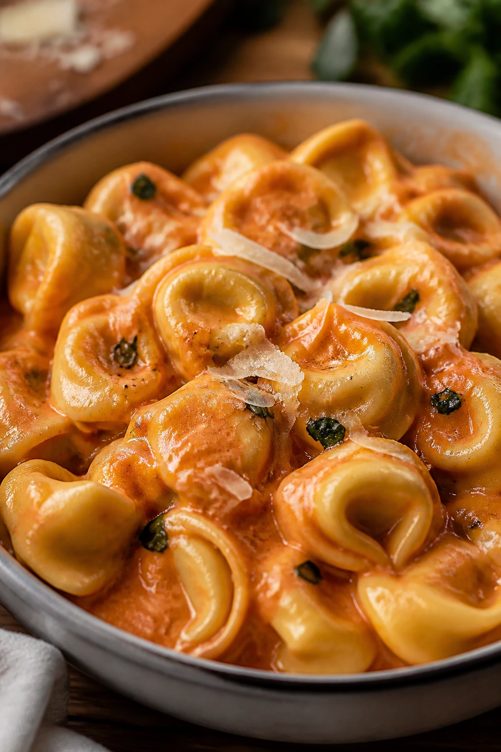 Close-up of creamy tomato tortellini in a glossy sauce in a bowl