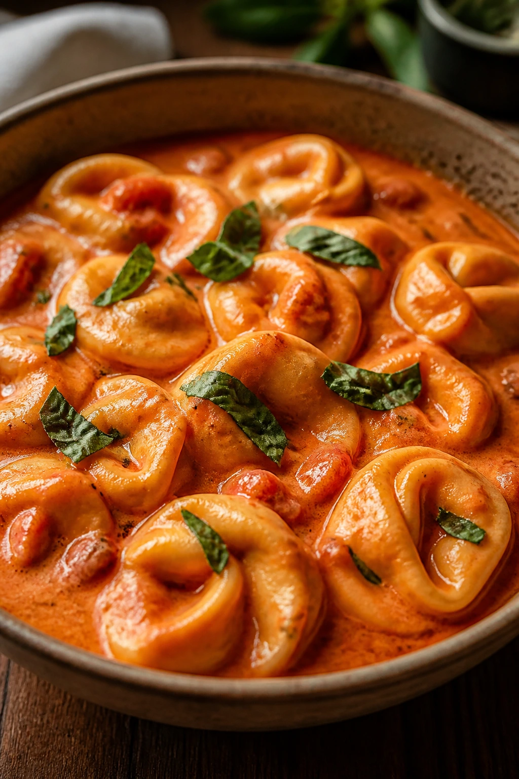 Creamy tomato tortellini in a bowl with basil