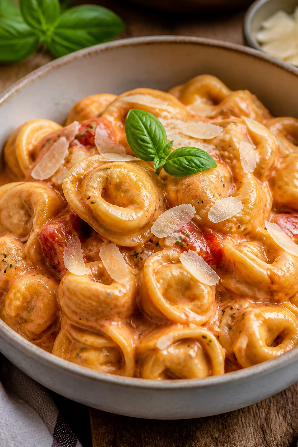 Close-up of creamy tomato tortellini in a bowl with parmesan and basil