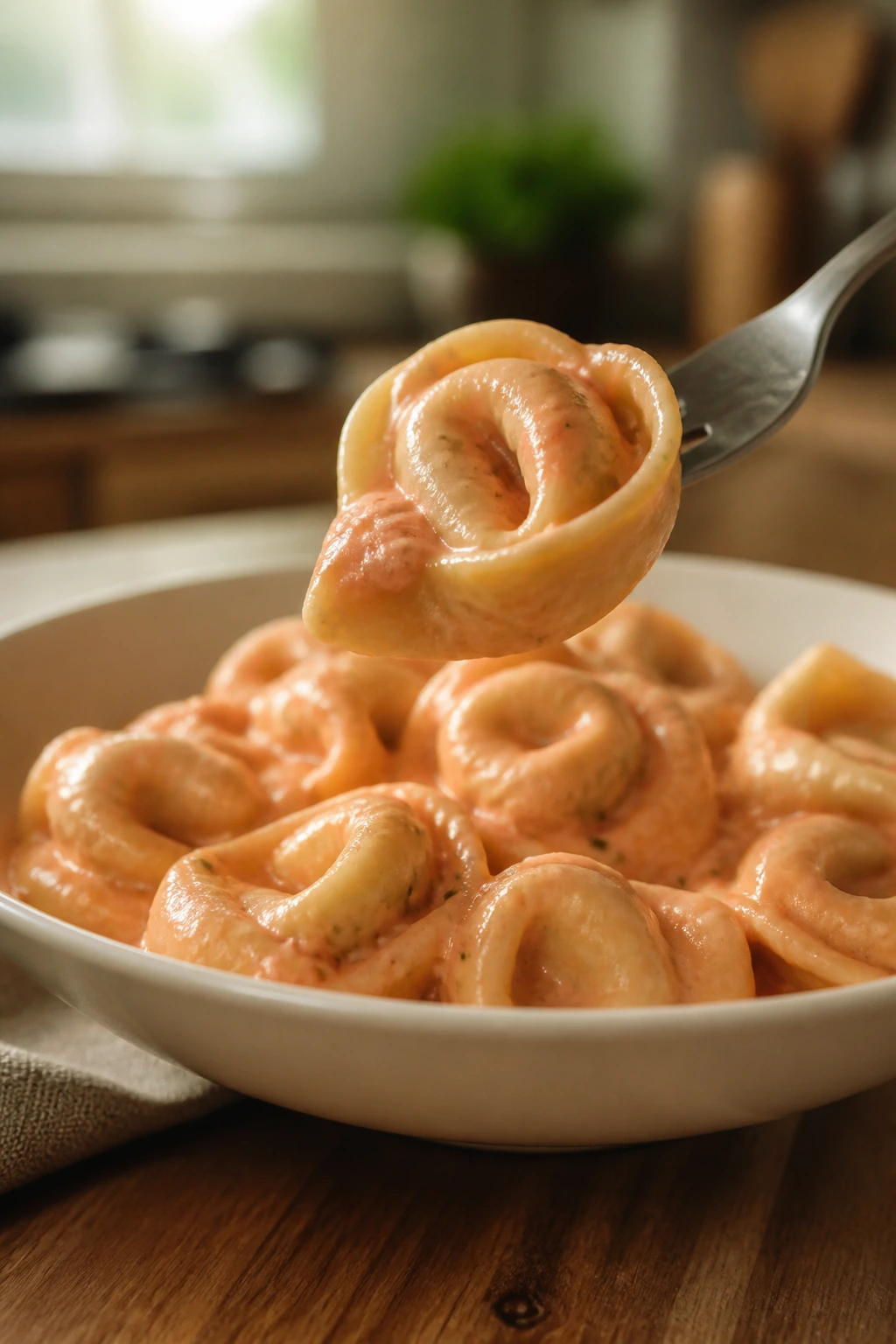 Close-up of creamy tomato tortellini on a fork with pink sauce