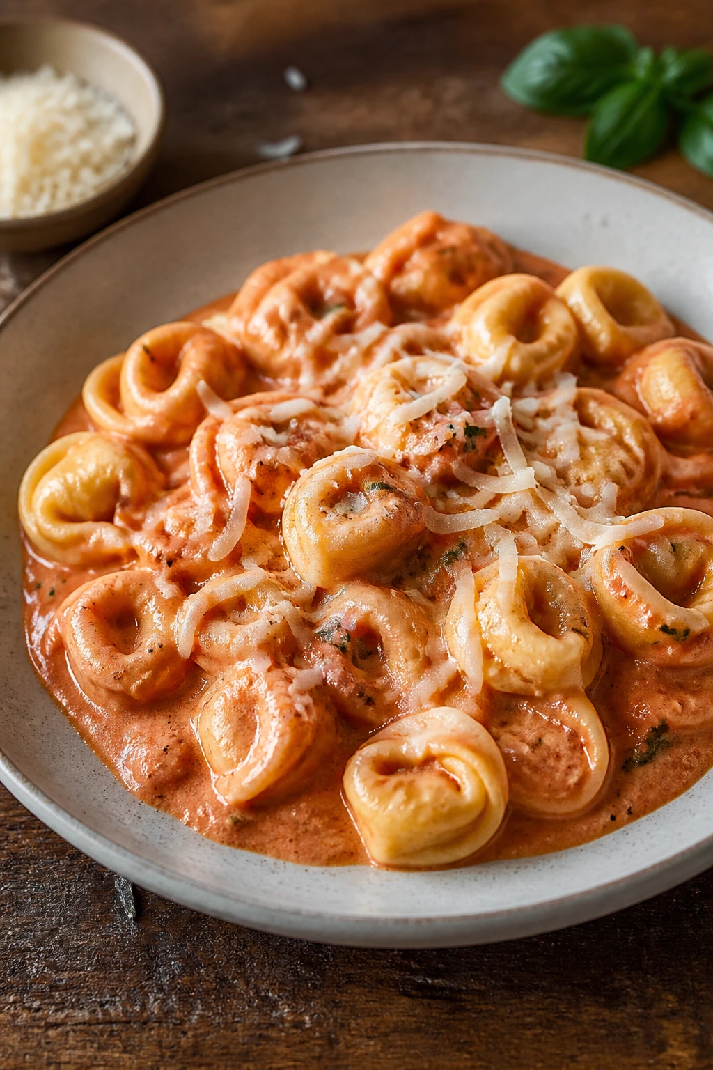 Creamy tomato tortellini on a plate with pink sauce in a warm kitchen