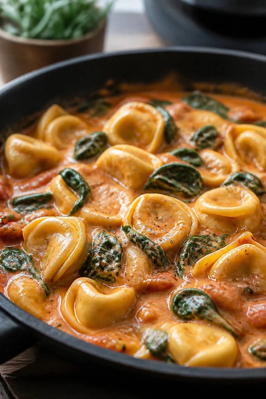 Creamy tomato tortellini with spinach in skillet