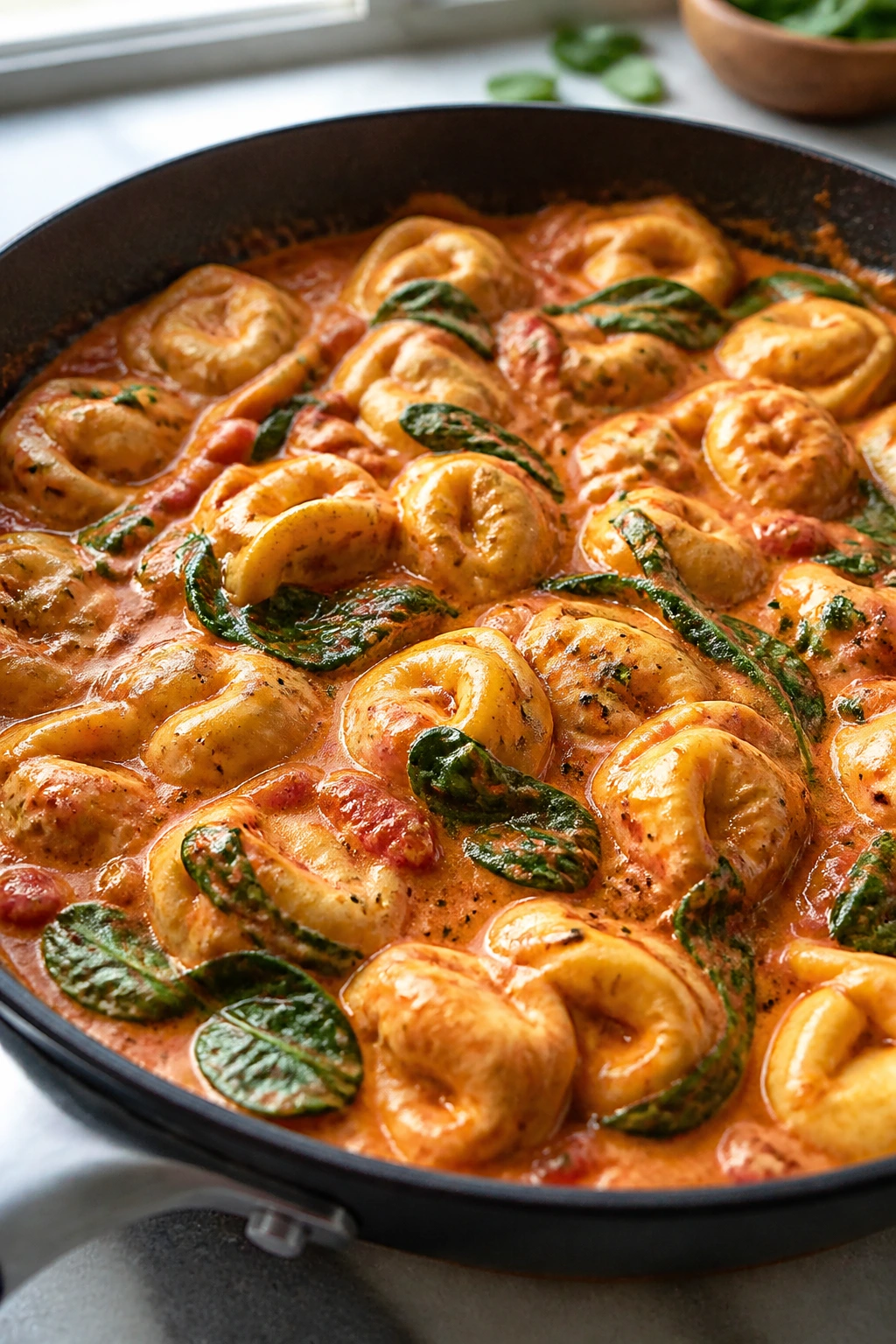 Creamy tortellini in tomato cream sauce with spinach.