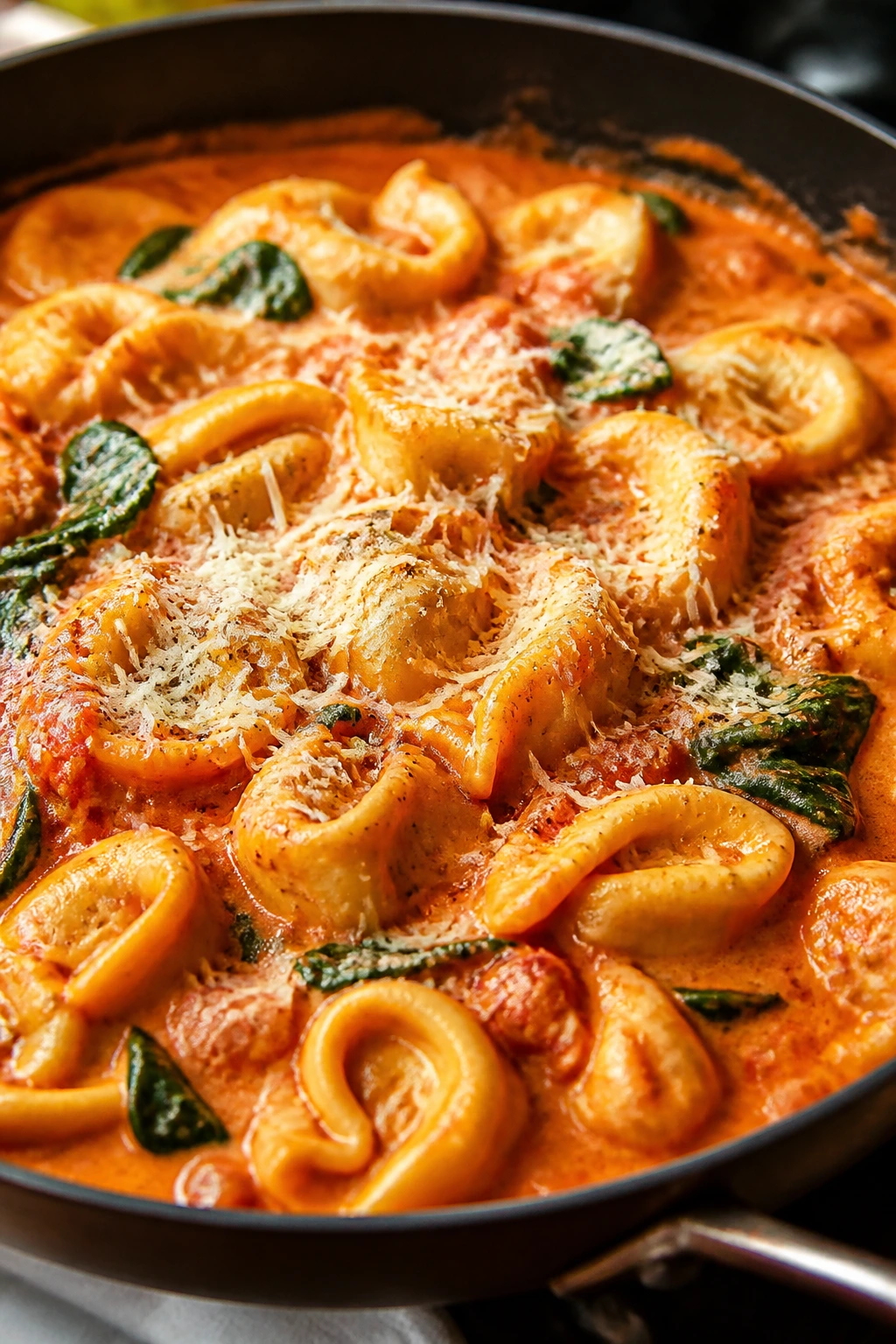 Creamy tomato tortellini with spinach in a skillet