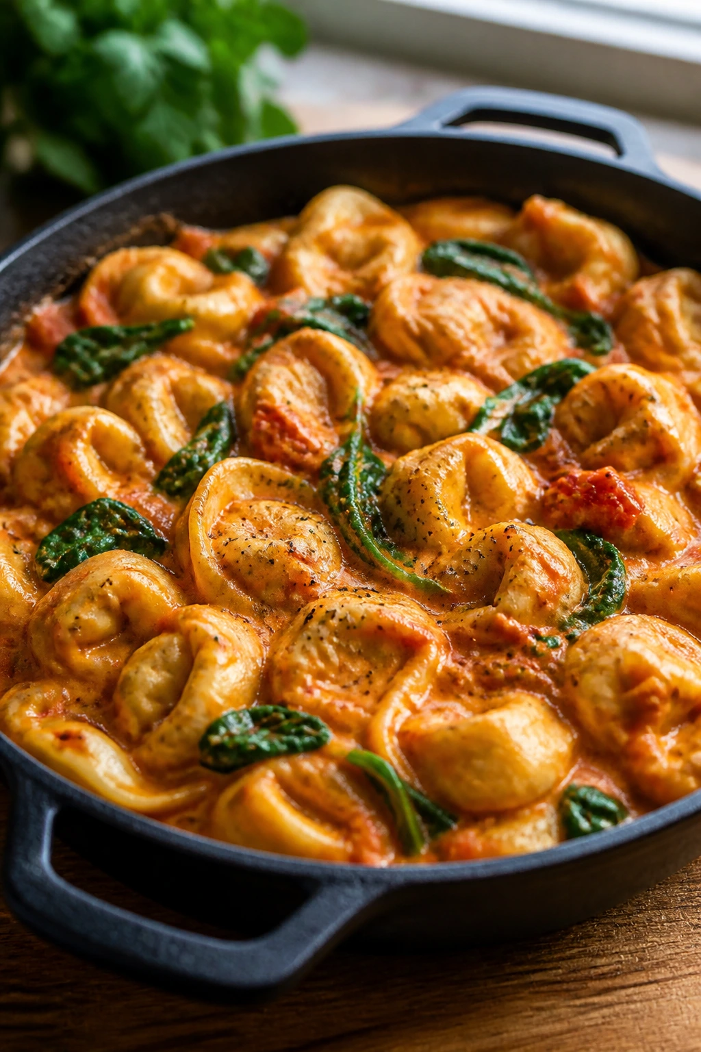 Close-up of creamy tomato tortellini with spinach in a rustic skillet