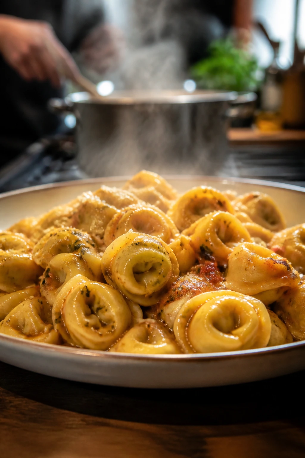 Close-up of tortellini on a plate with sauce and steam in a busy kitchen