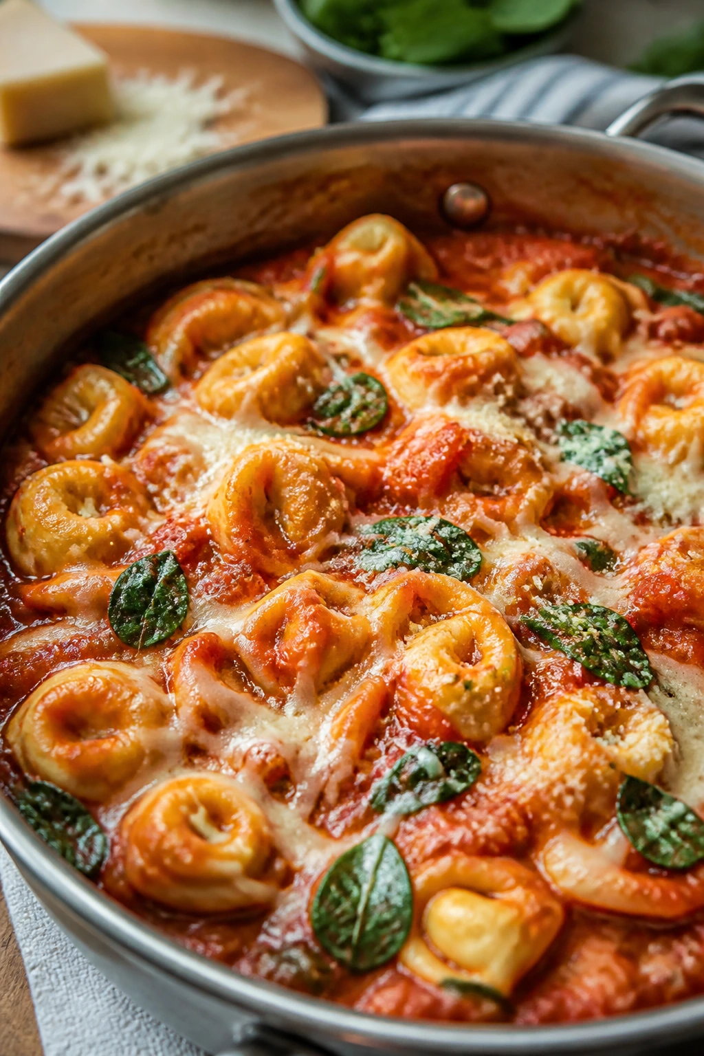 Tortellini with marinara and spinach in a skillet