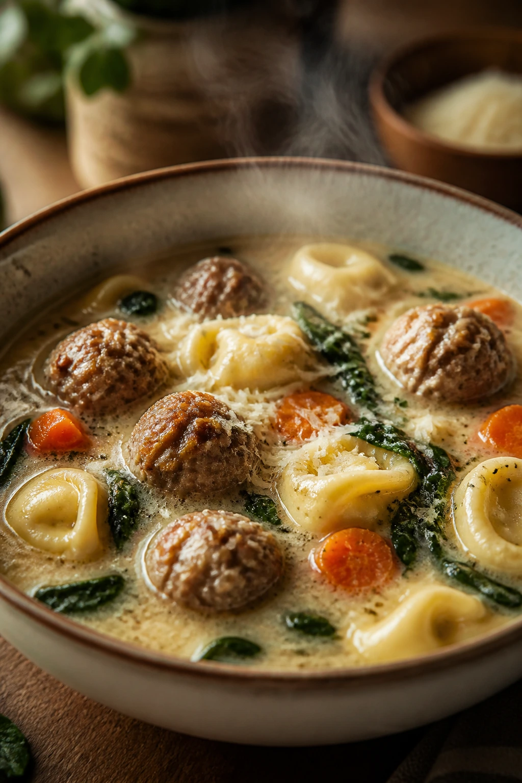 Close-up of creamy tortellini meatball soup with tortellini and spinach