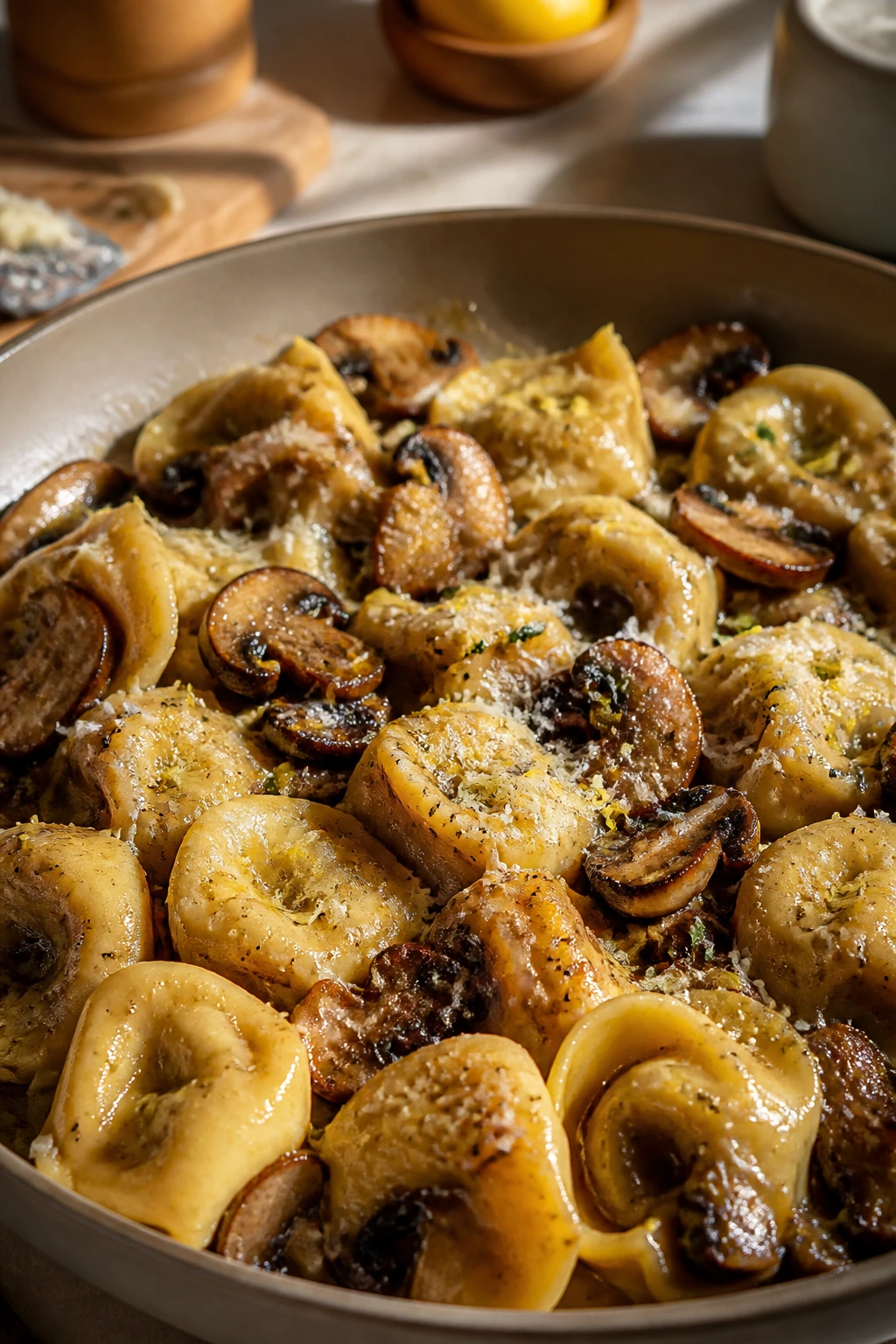 Close-up of tortellini with brown butter mushrooms and Parmesan