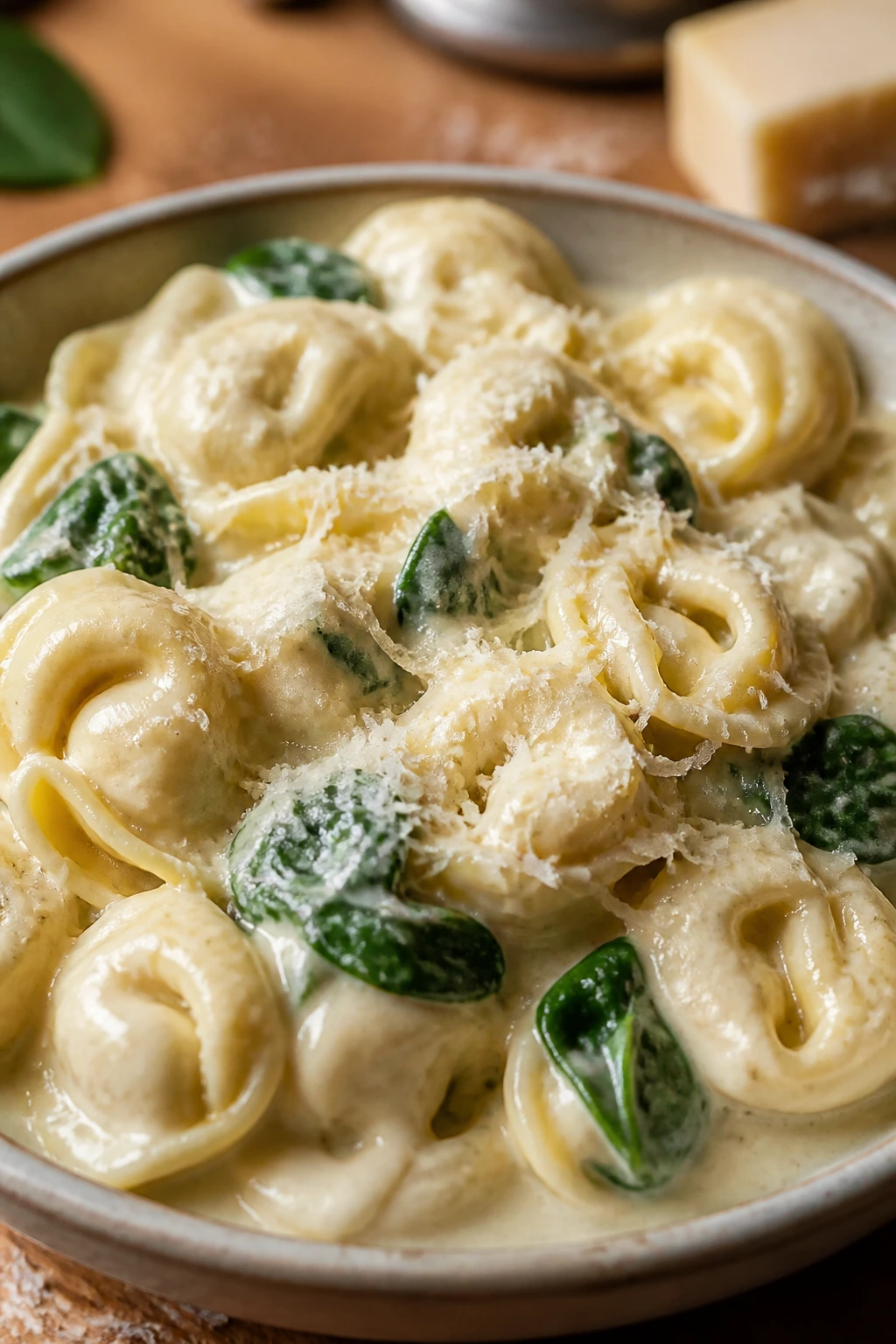 Creamy tortellini with parmesan in a pale cream sauce.