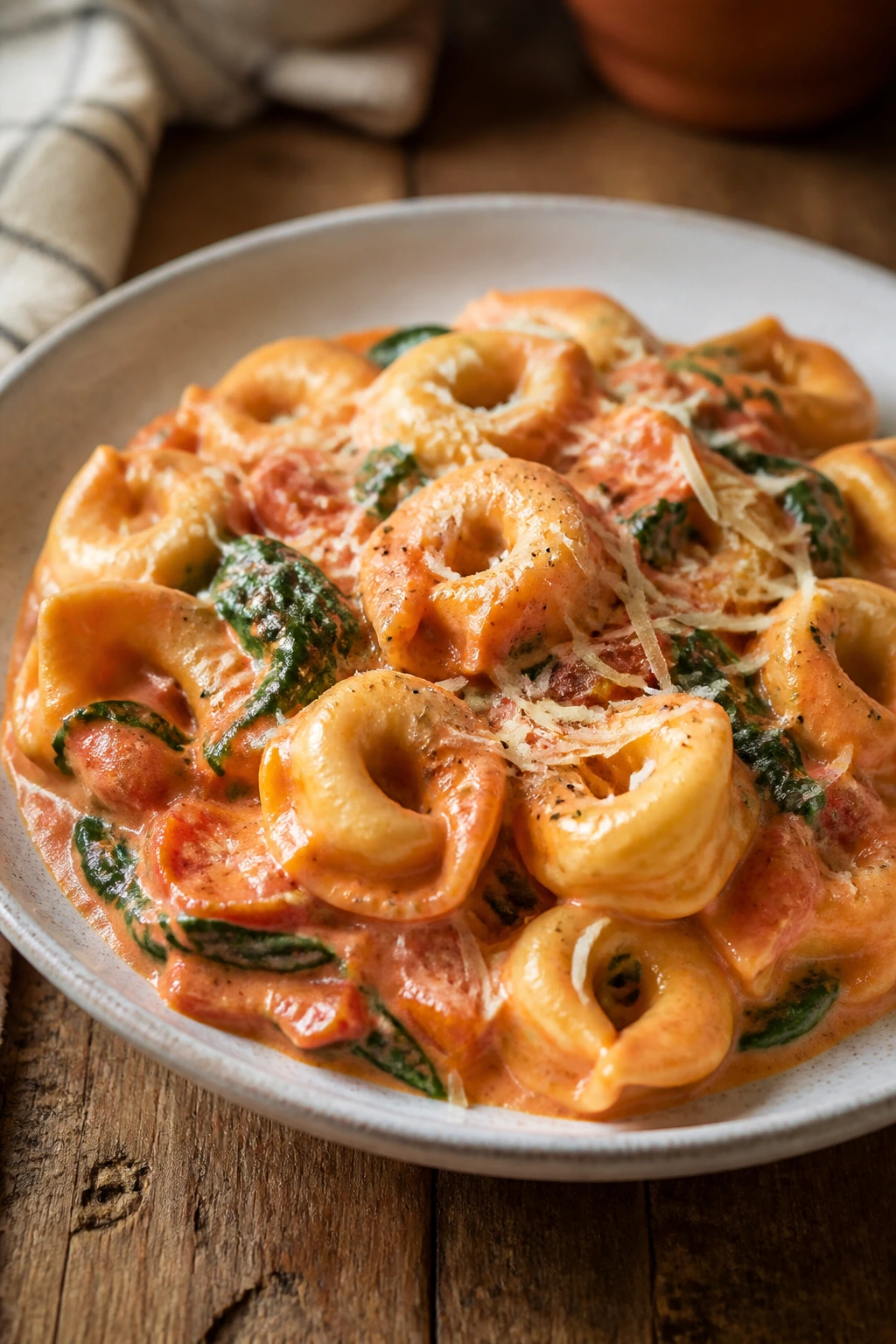 Close-up of creamy tomato tortellini on rustic table