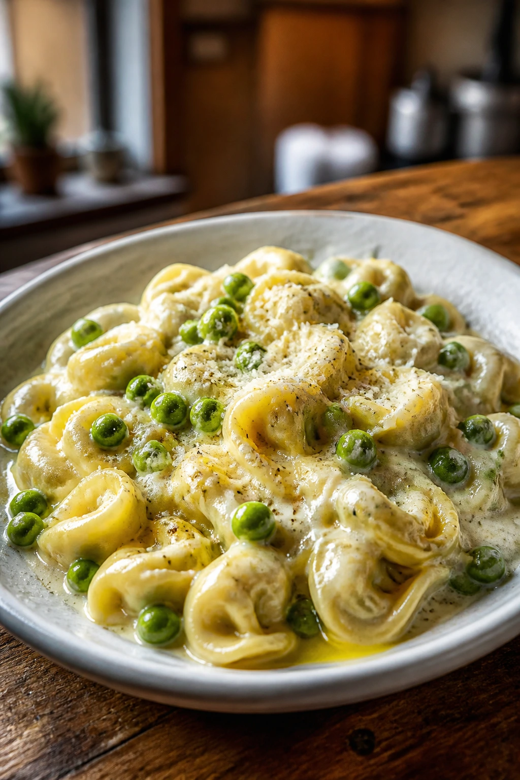 Close-up of creamy tortellini with peas on plate in a home kitchen