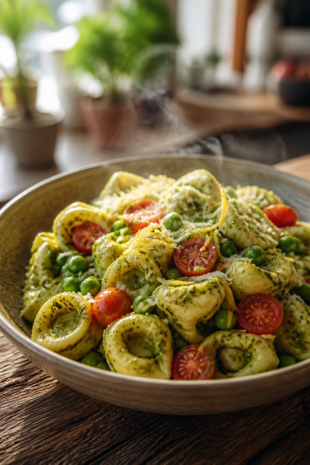 Close-up of pesto tortellini with peas in a rustic kitchen