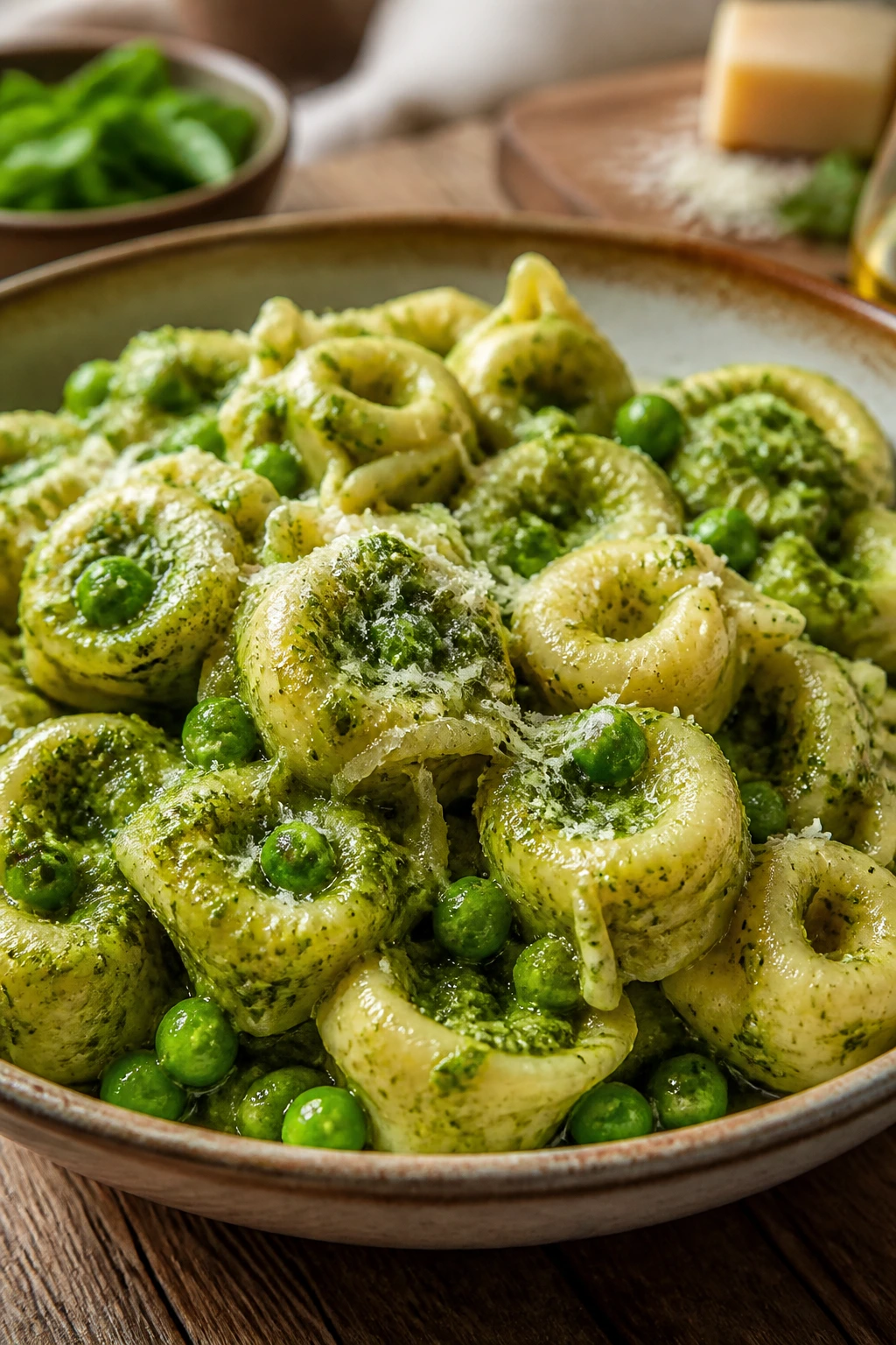 Close-up of pesto tortellini with peas on a rustic wooden table
