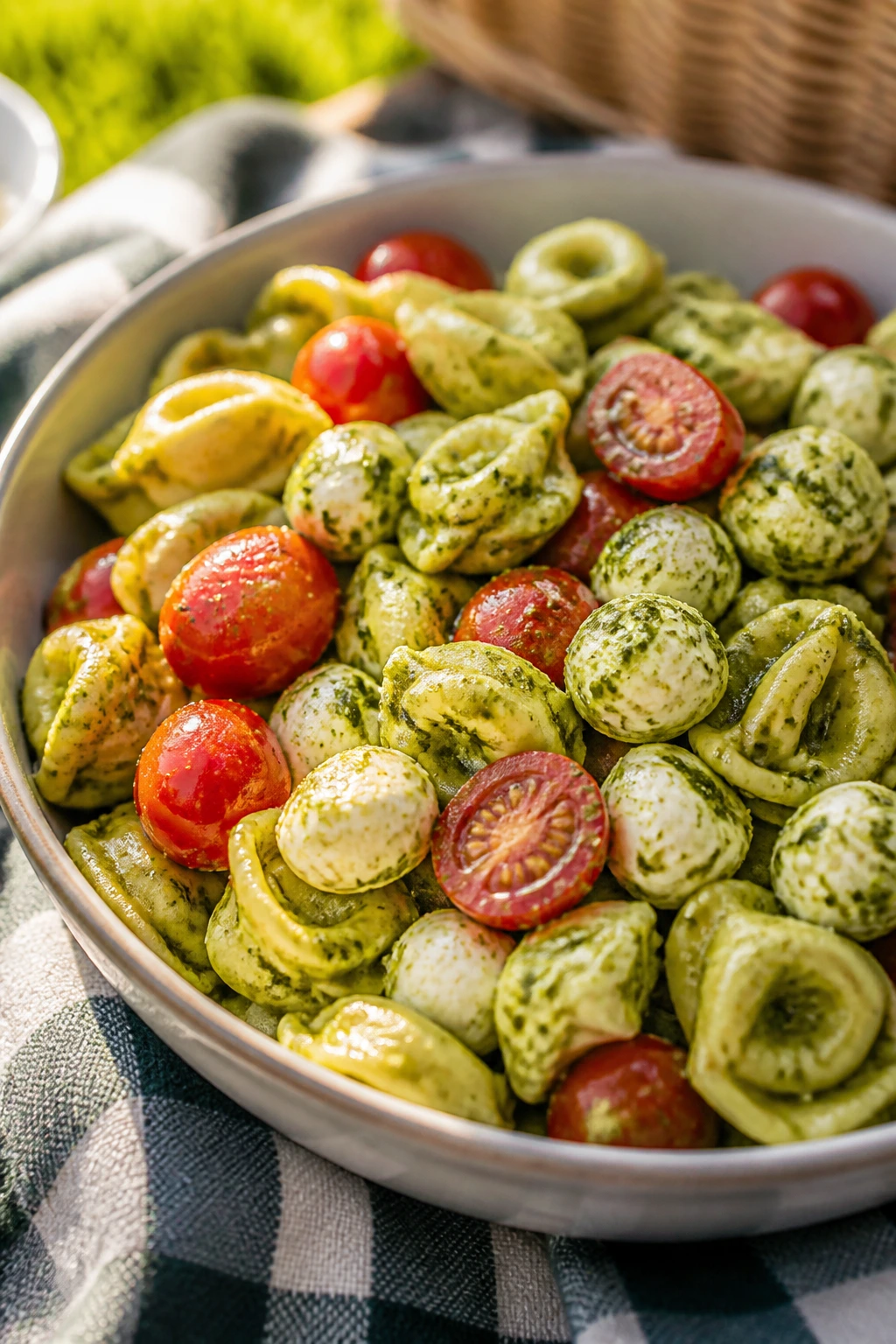 Pesto tortellini salad with tomatoes and mozzarella on a picnic setting