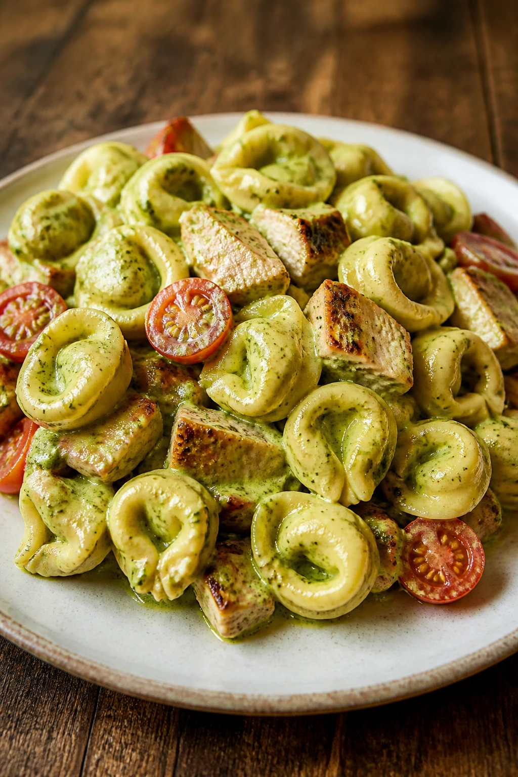 Plate of creamy pesto tortellini with chicken and tomatoes.
