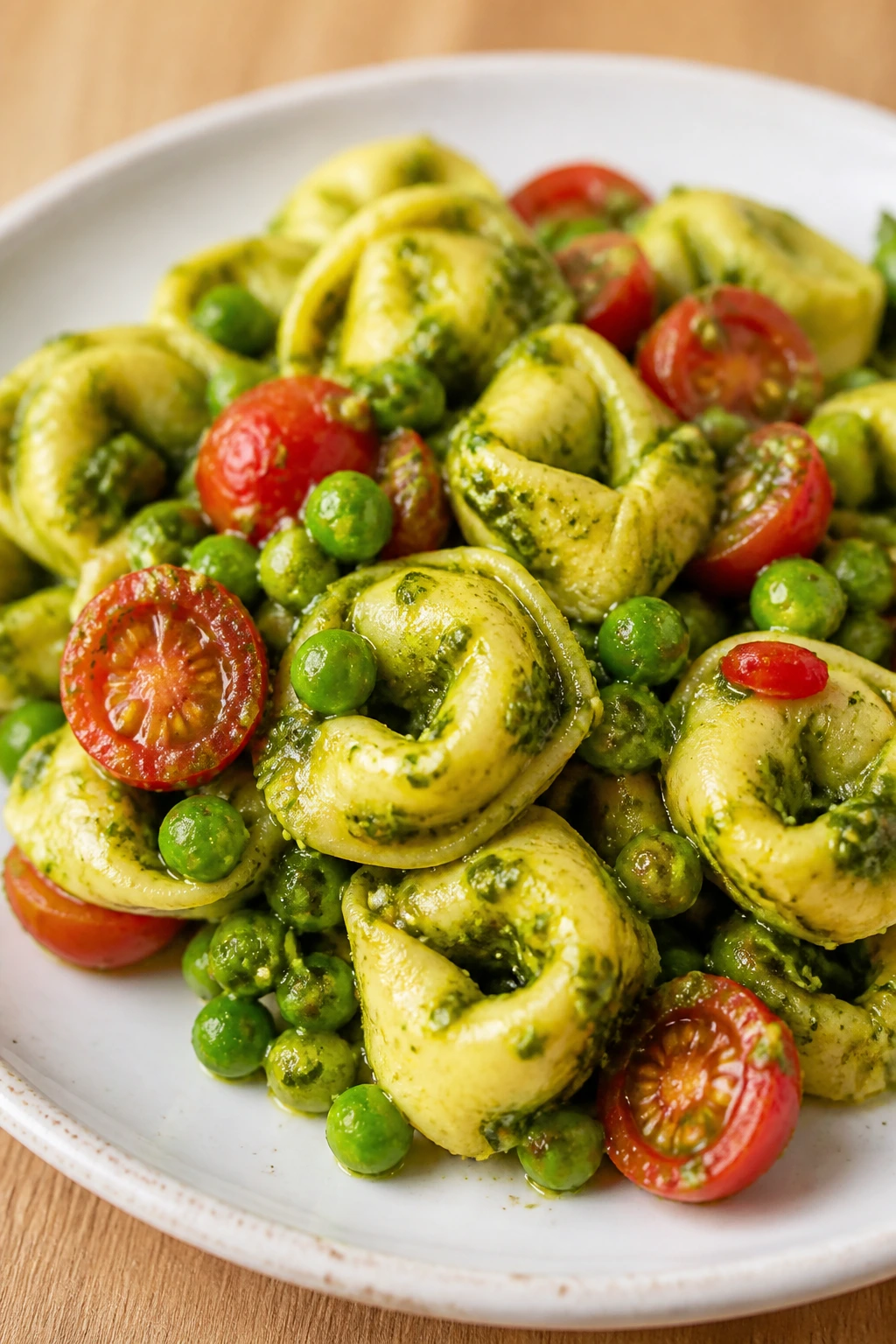 Pesto tortellini with peas and cherry tomatoes on plate