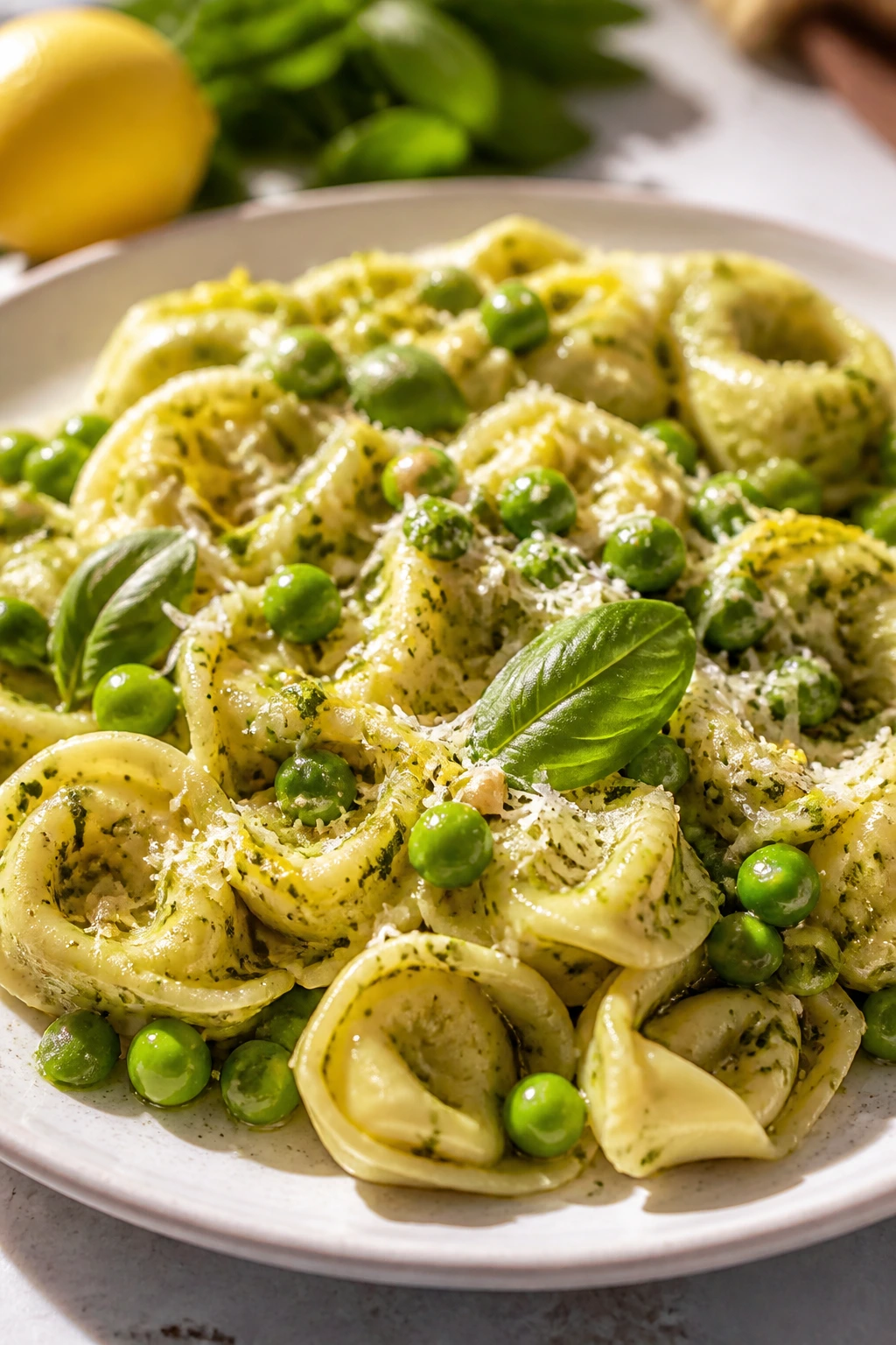 Close-up of pesto tortellini with peas on plate