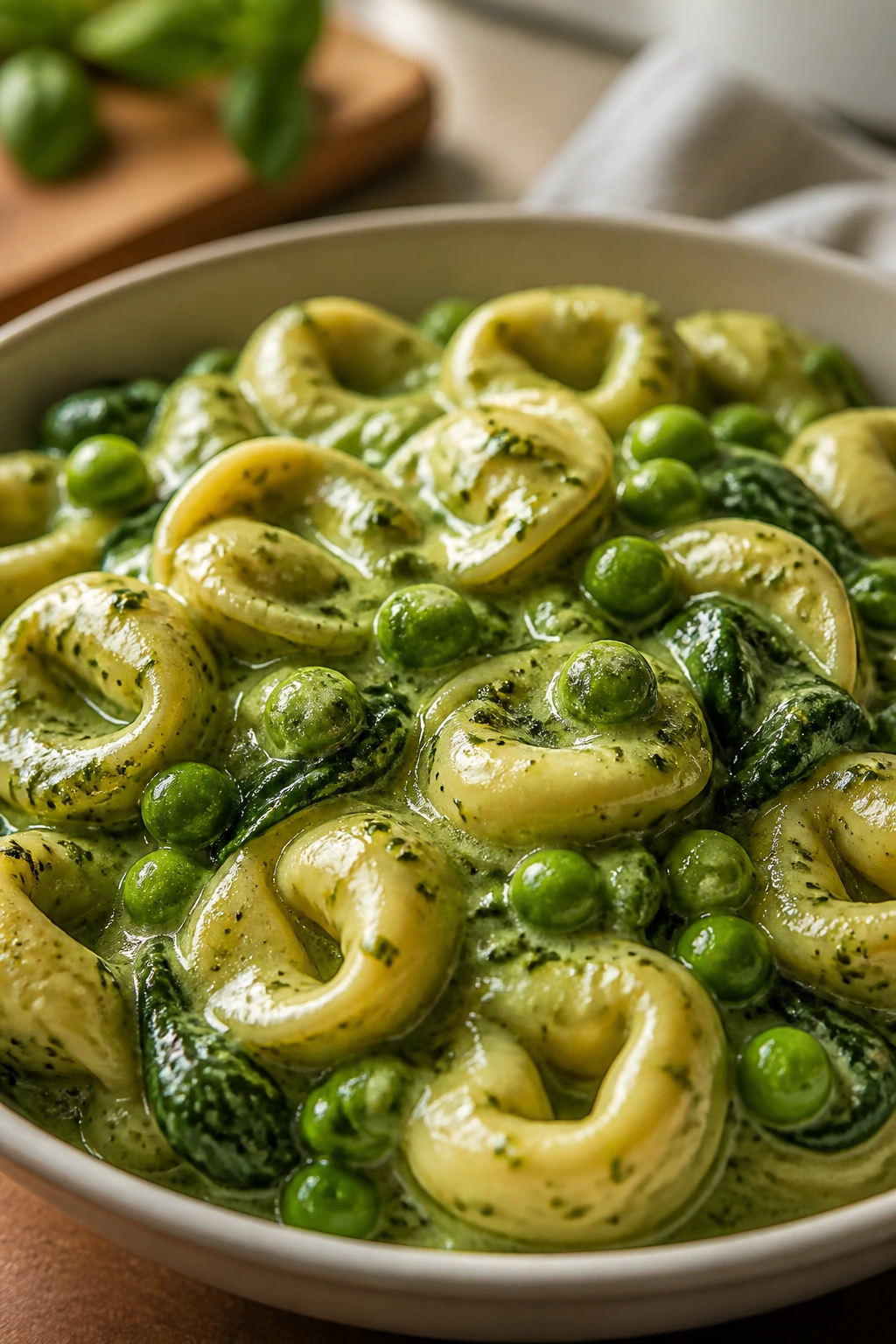 Creamy pesto tortellini with peas in a bowl