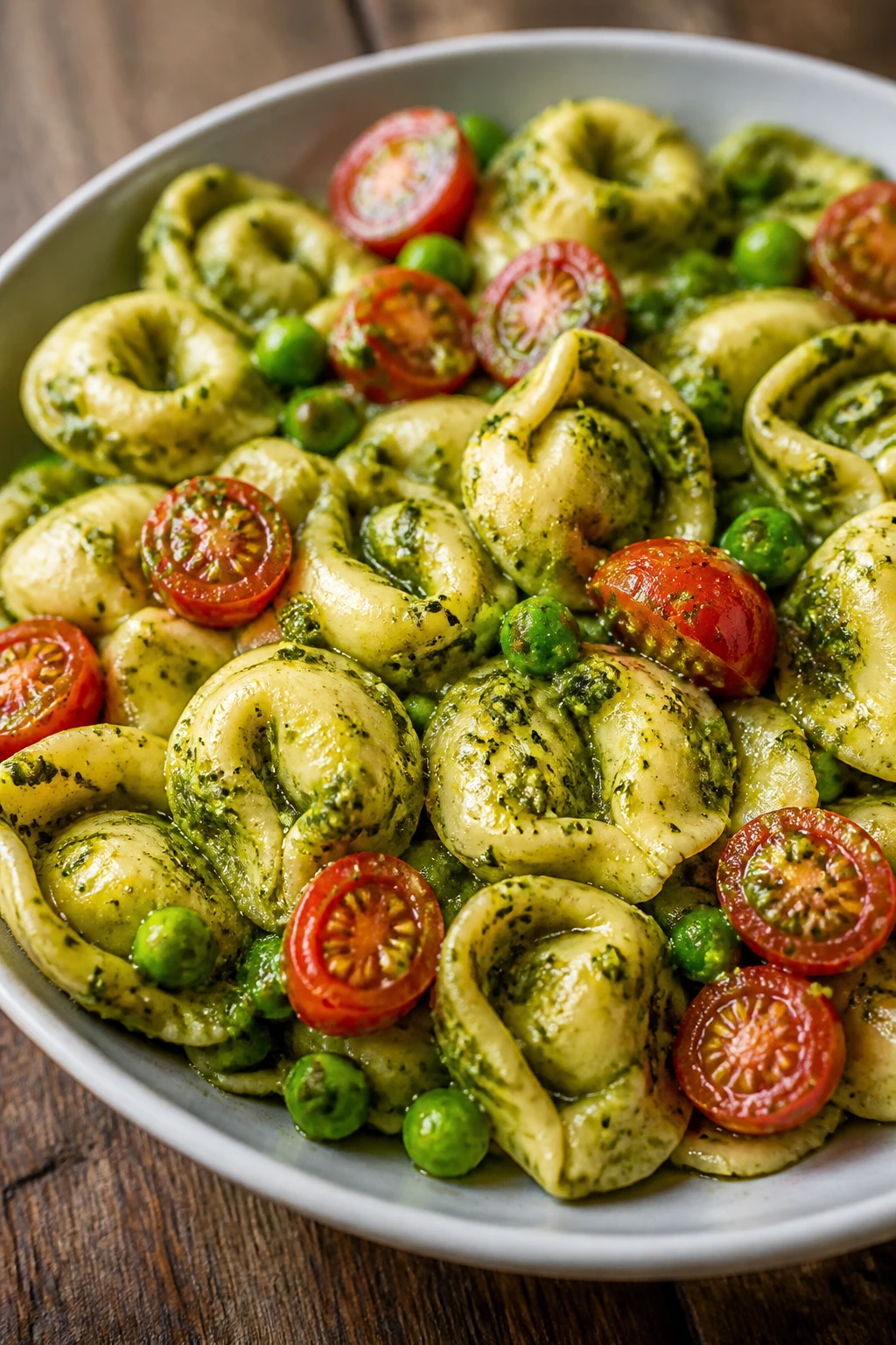 Close-up of pesto tortellini with peas and cherry tomatoes on a wooden table.