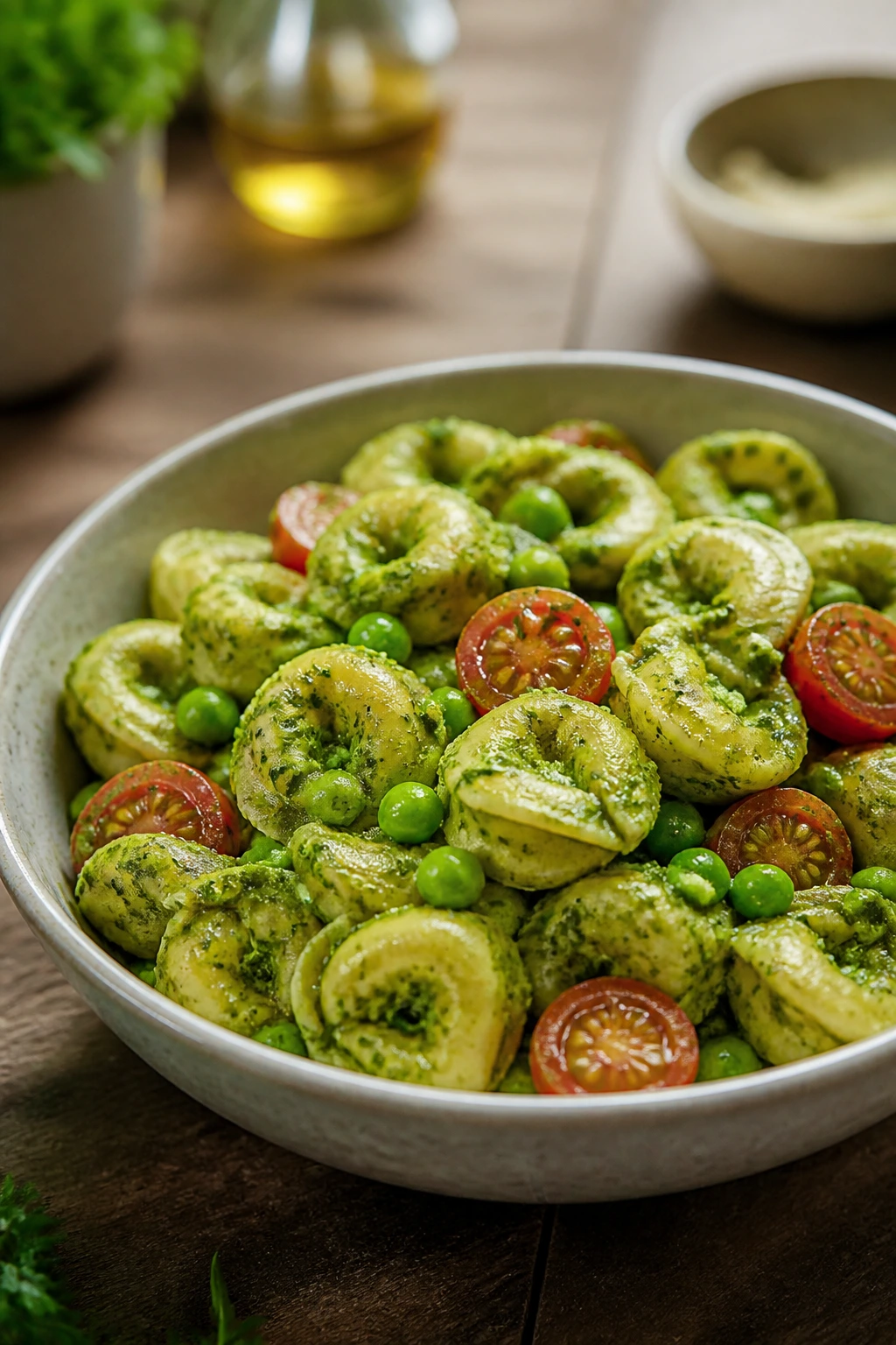 Pesto tortellini with peas and tomatoes on a wooden table