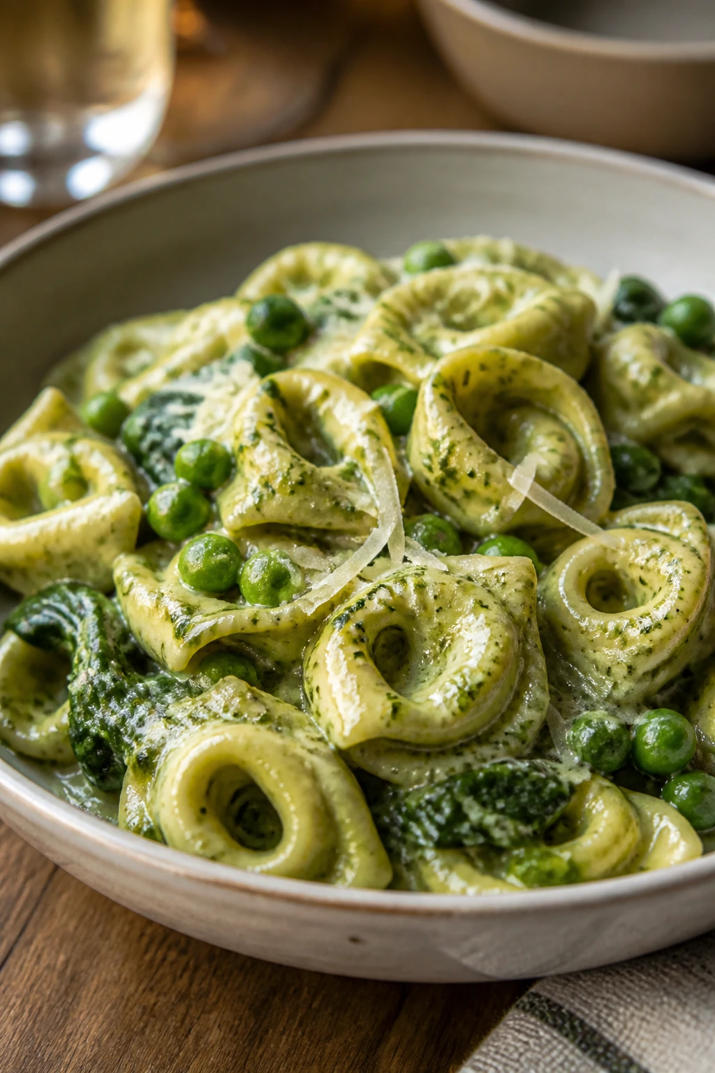 Close-up of Creamy Pesto Tortellini with peas and spinach