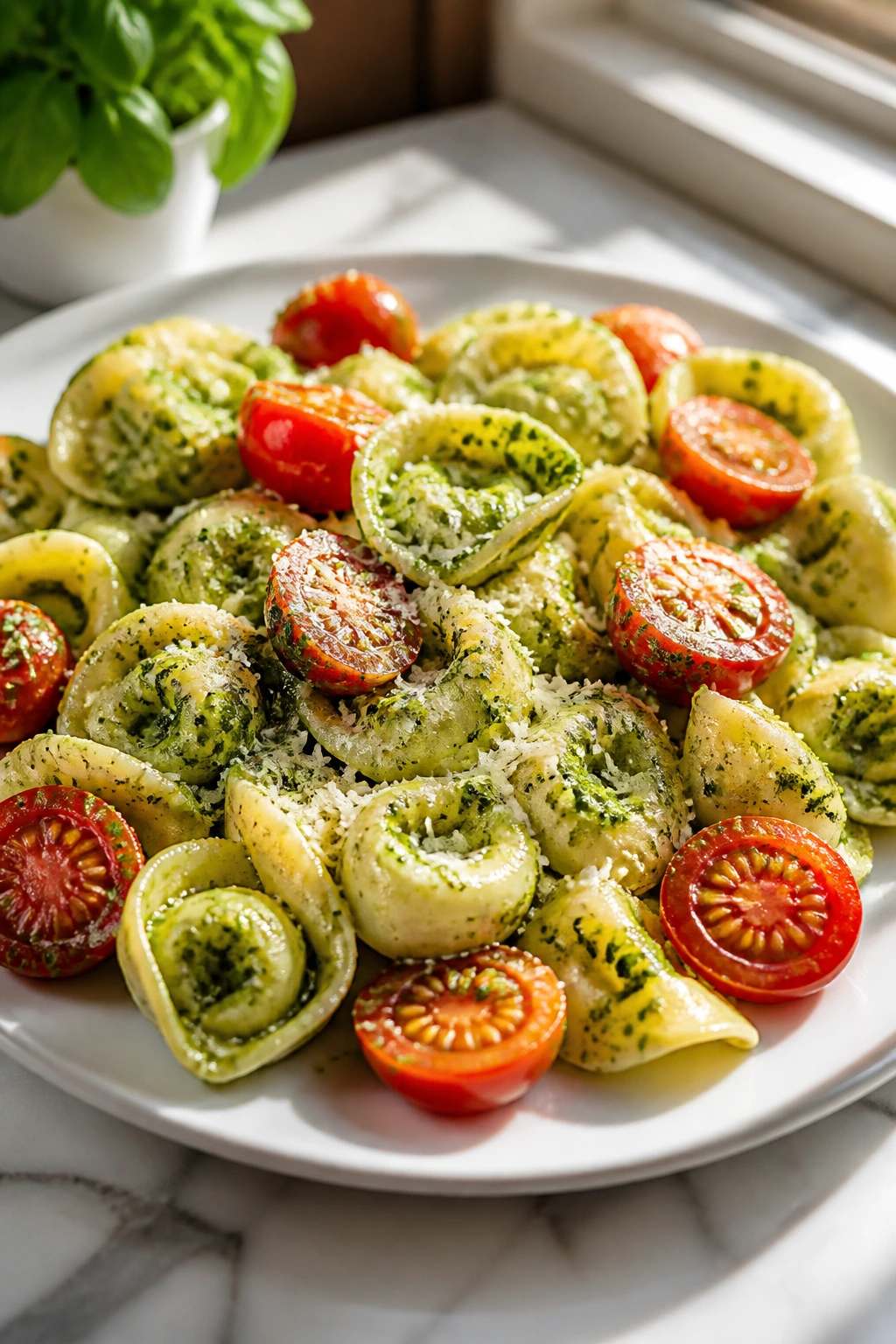 Tortellini with pesto and cherry tomatoes on a plate