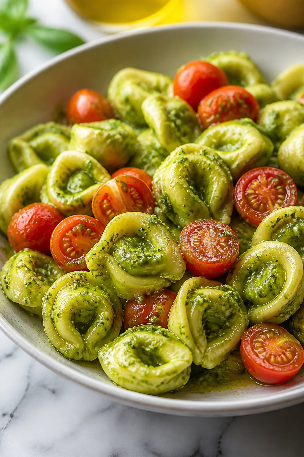 Pesto tortellini with cherry tomatoes served in a bright kitchen bowl